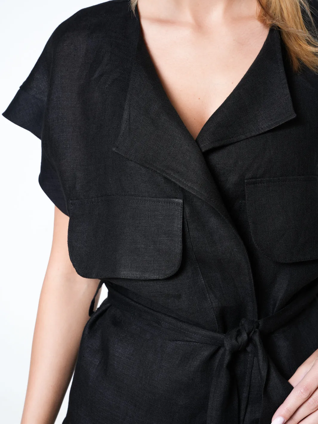 Belted Linen Wrap Top In Black