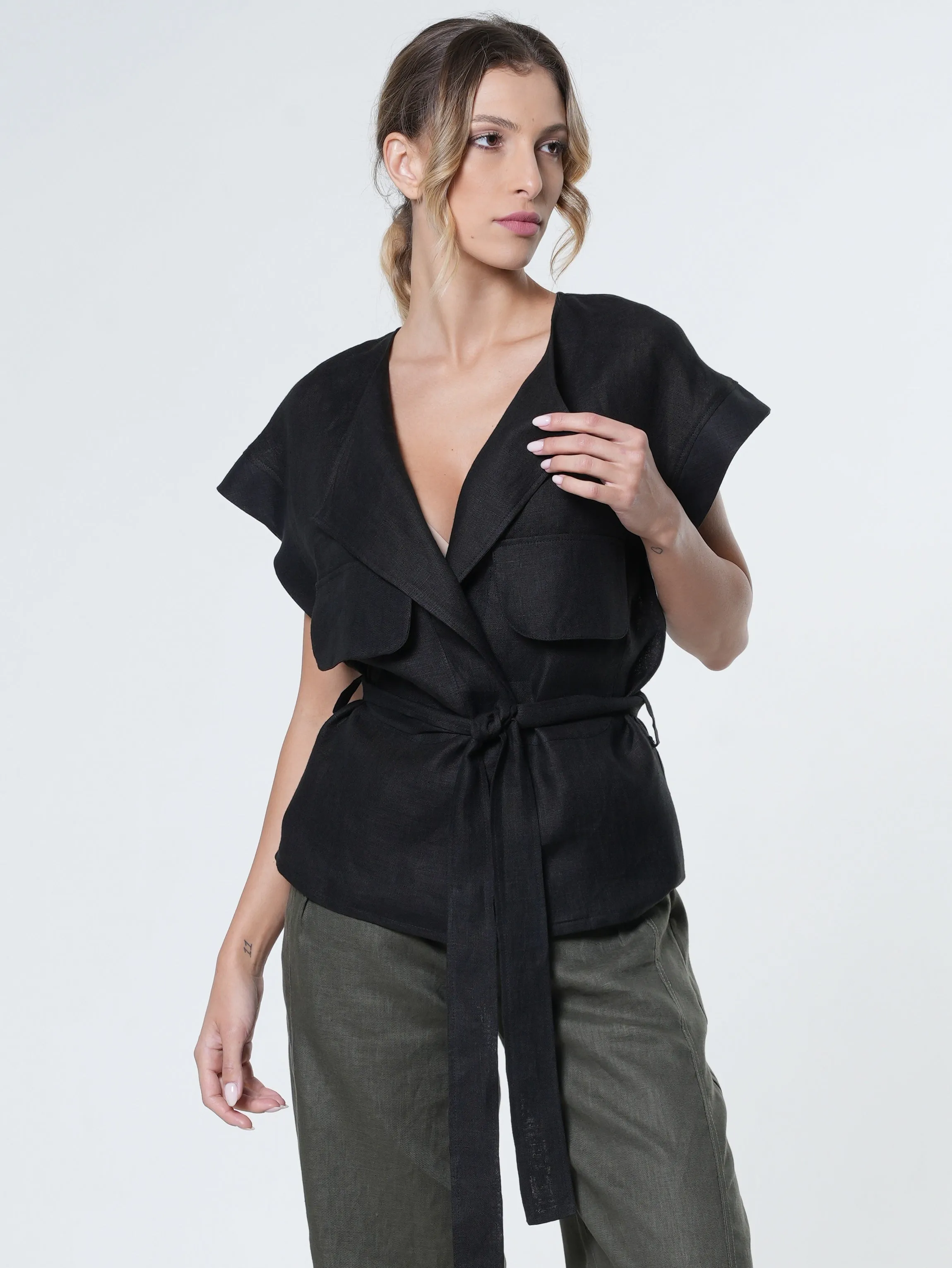 Belted Linen Wrap Top In Black