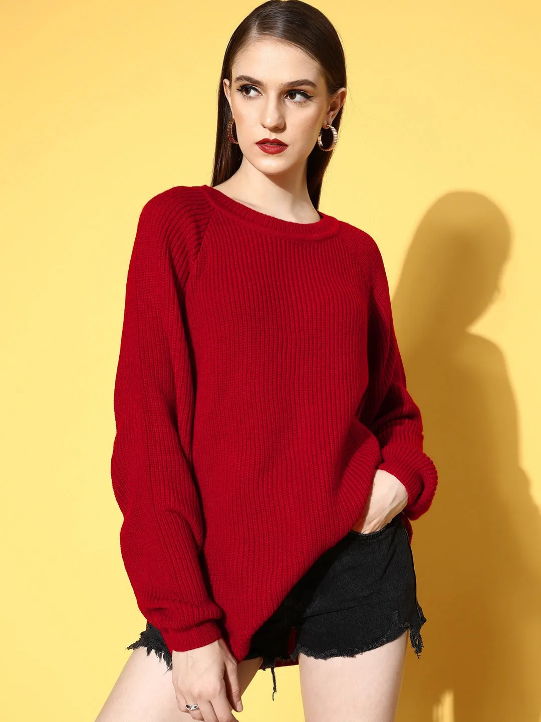 Berrylush Women Solid Red Round Neck Raglan Sleeve Acrylic Curved Hem Longline Pullover