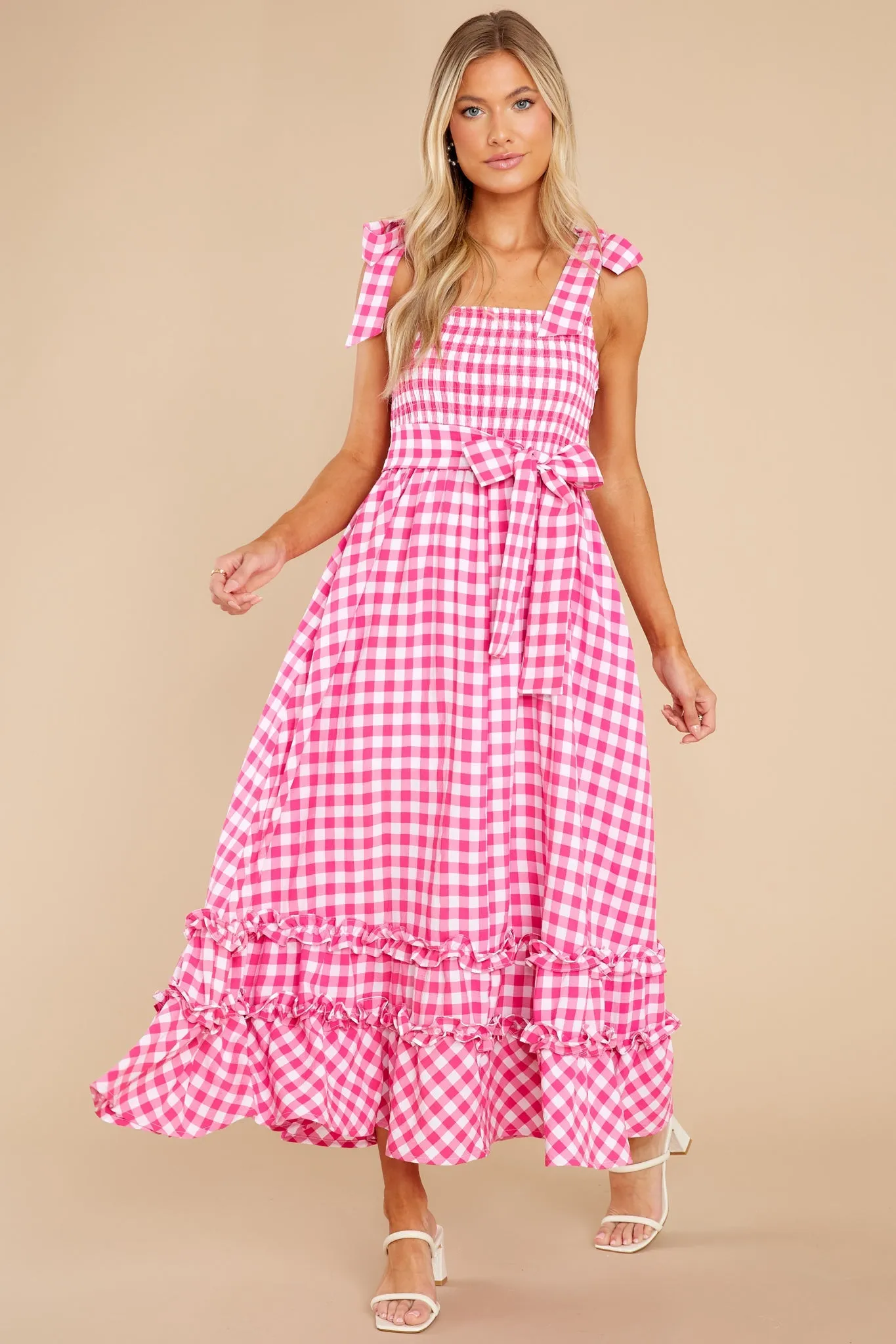 Beyond Basic Hot Pink Gingham Maxi Dress