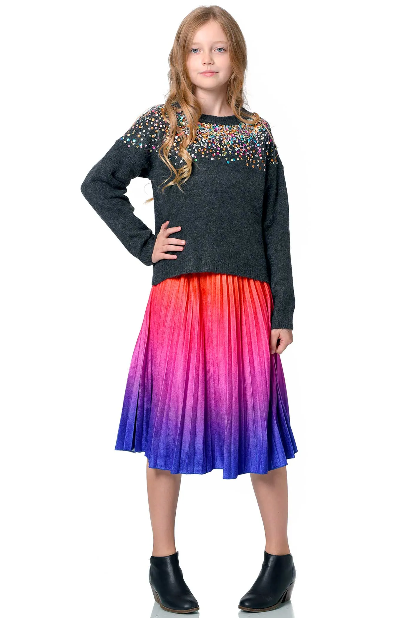 Big Girls Ombre Pleated Midi Velvet Skirt