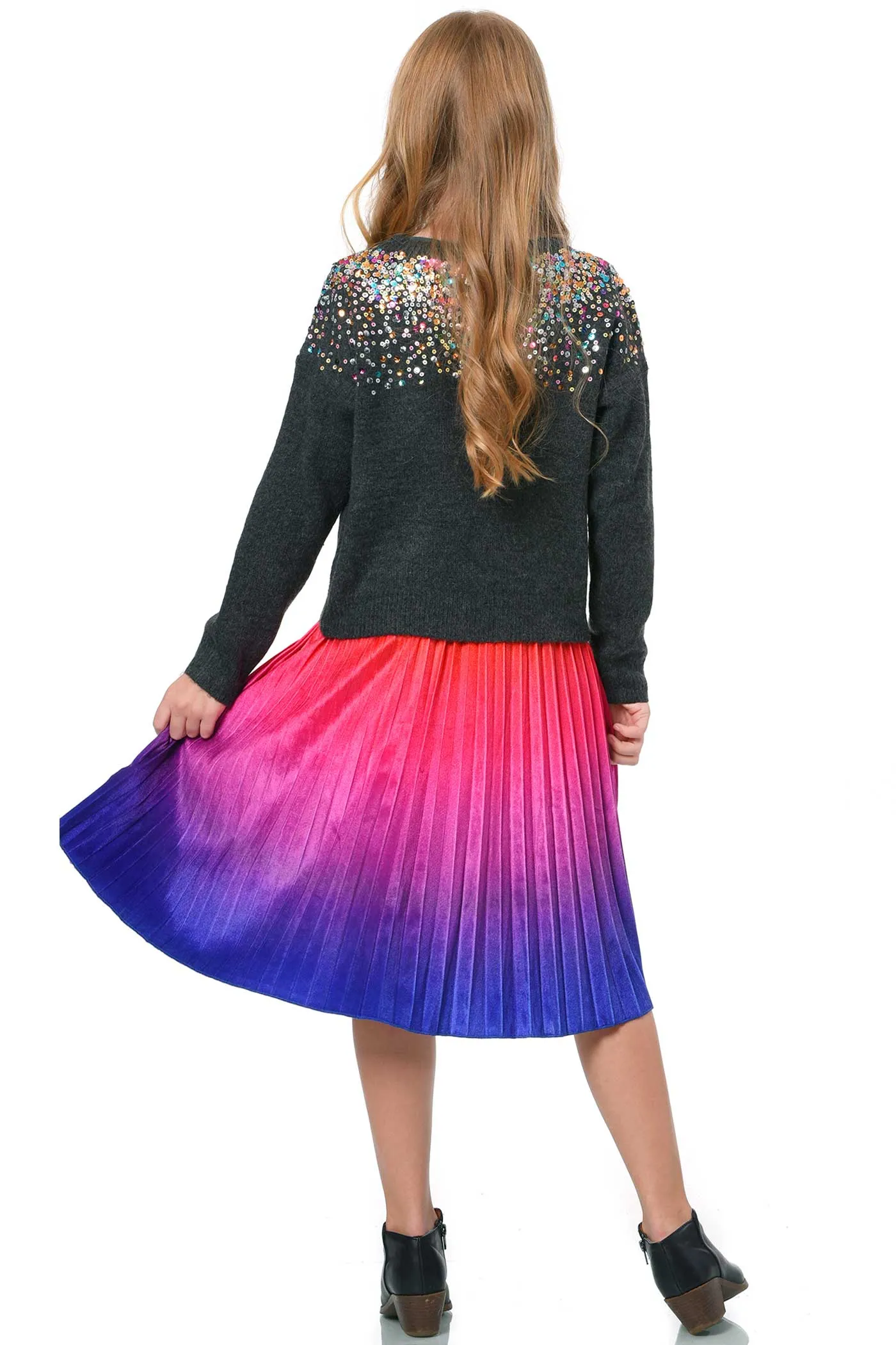 Big Girls Ombre Pleated Midi Velvet Skirt