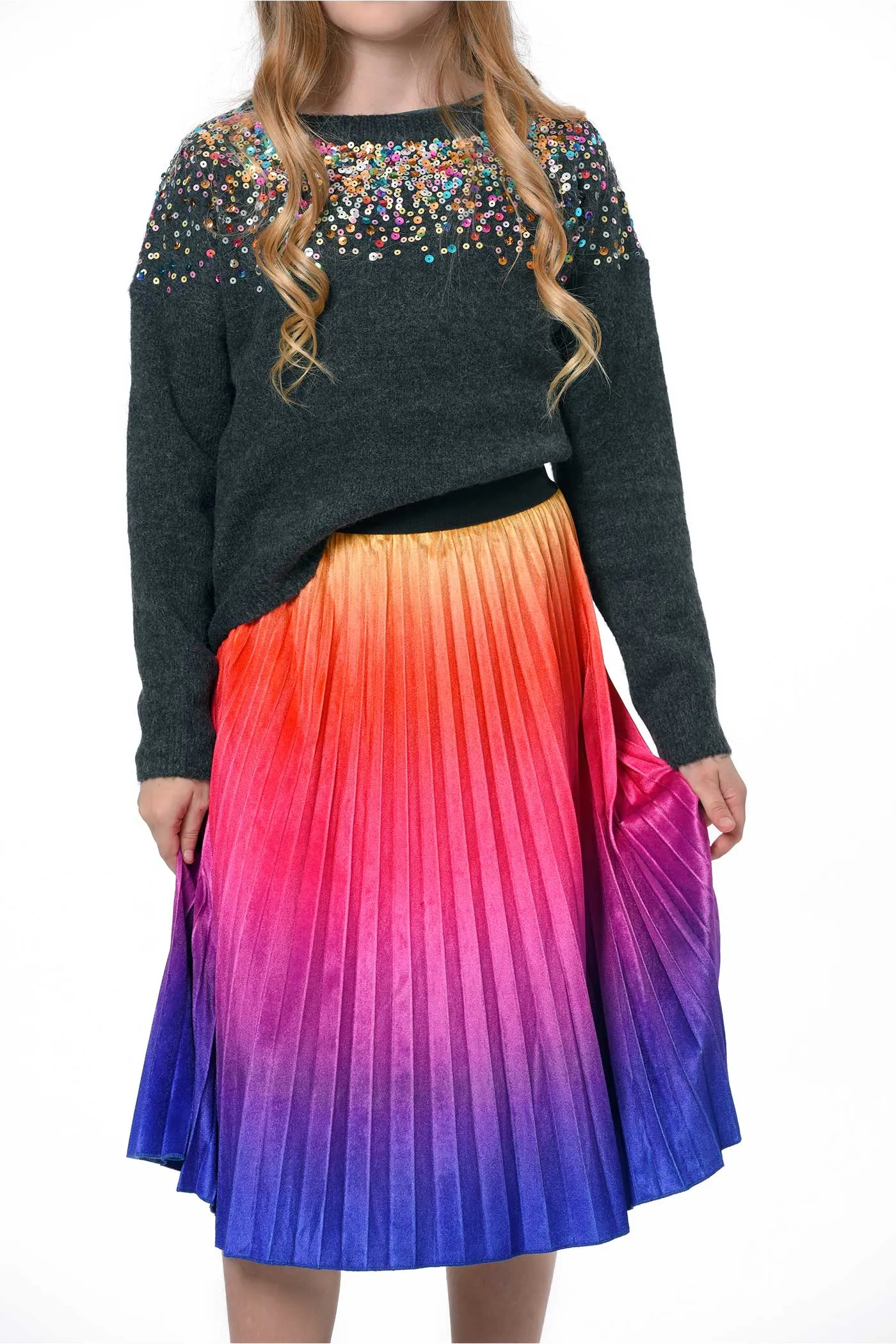 Big Girls Ombre Pleated Midi Velvet Skirt