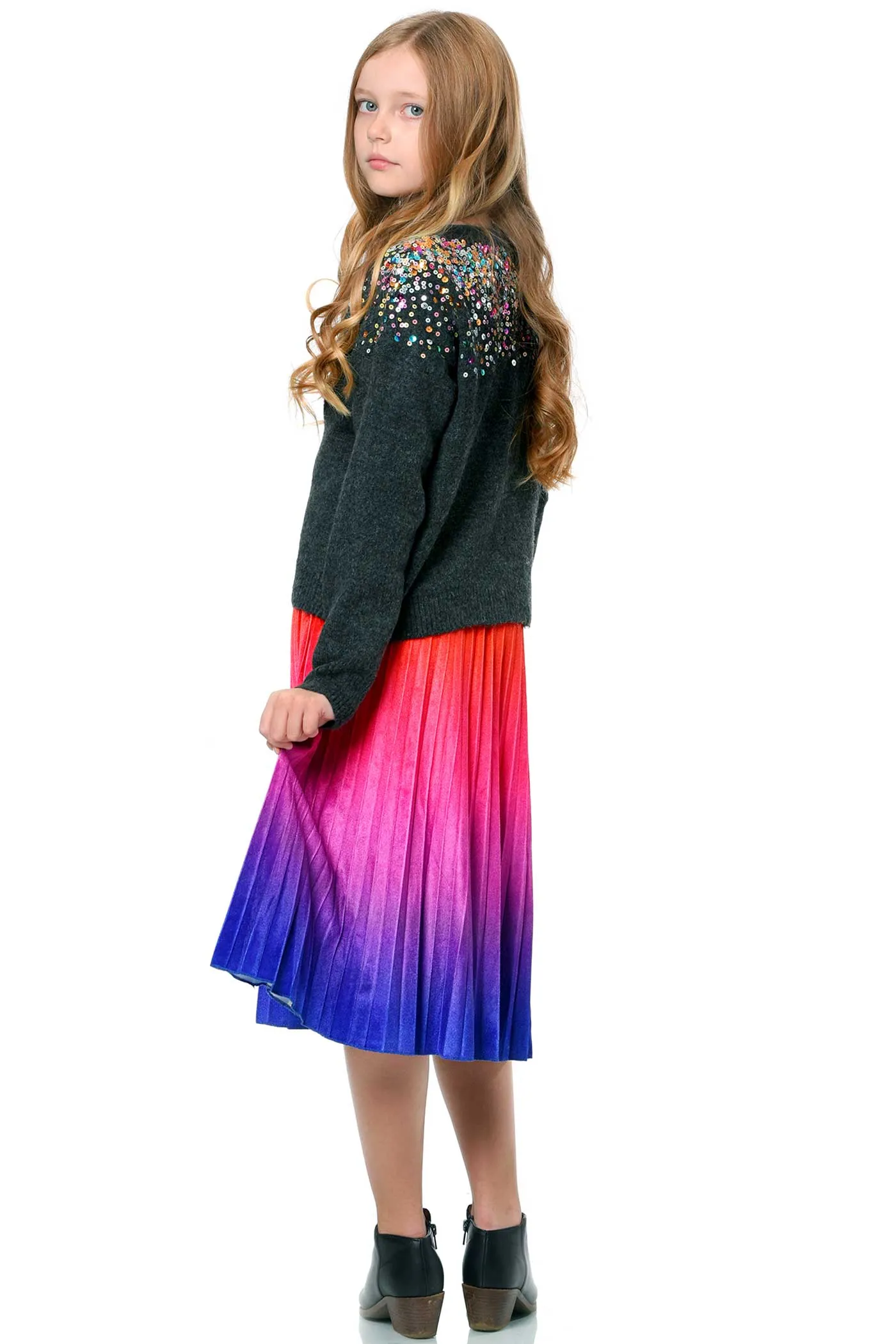 Big Girls Ombre Pleated Midi Velvet Skirt