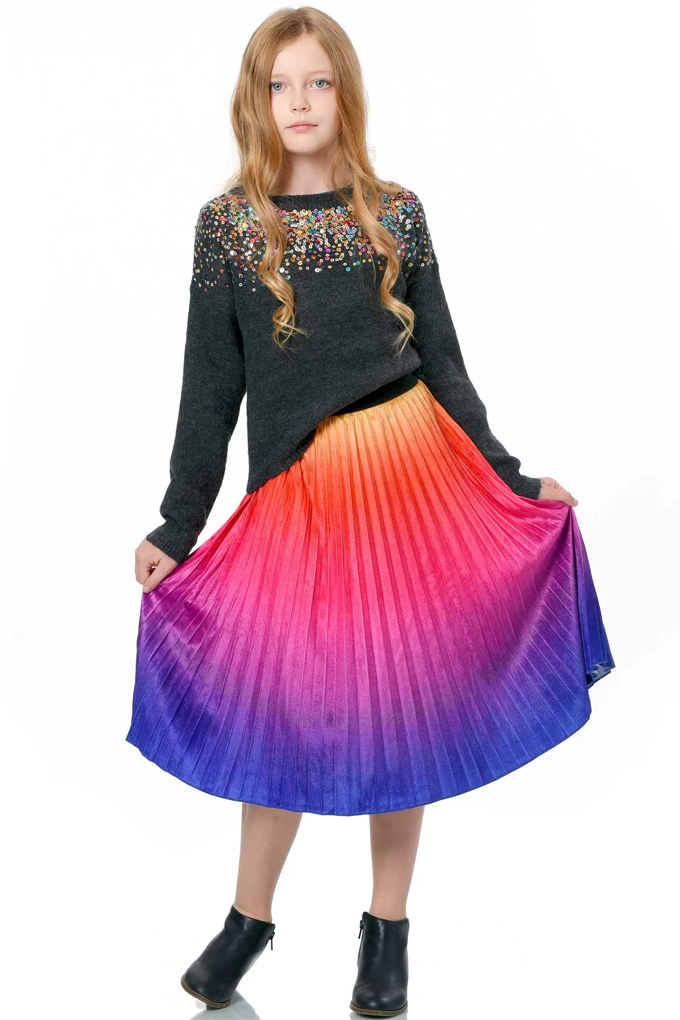 Big Girls Ombre Pleated Midi Velvet Skirt