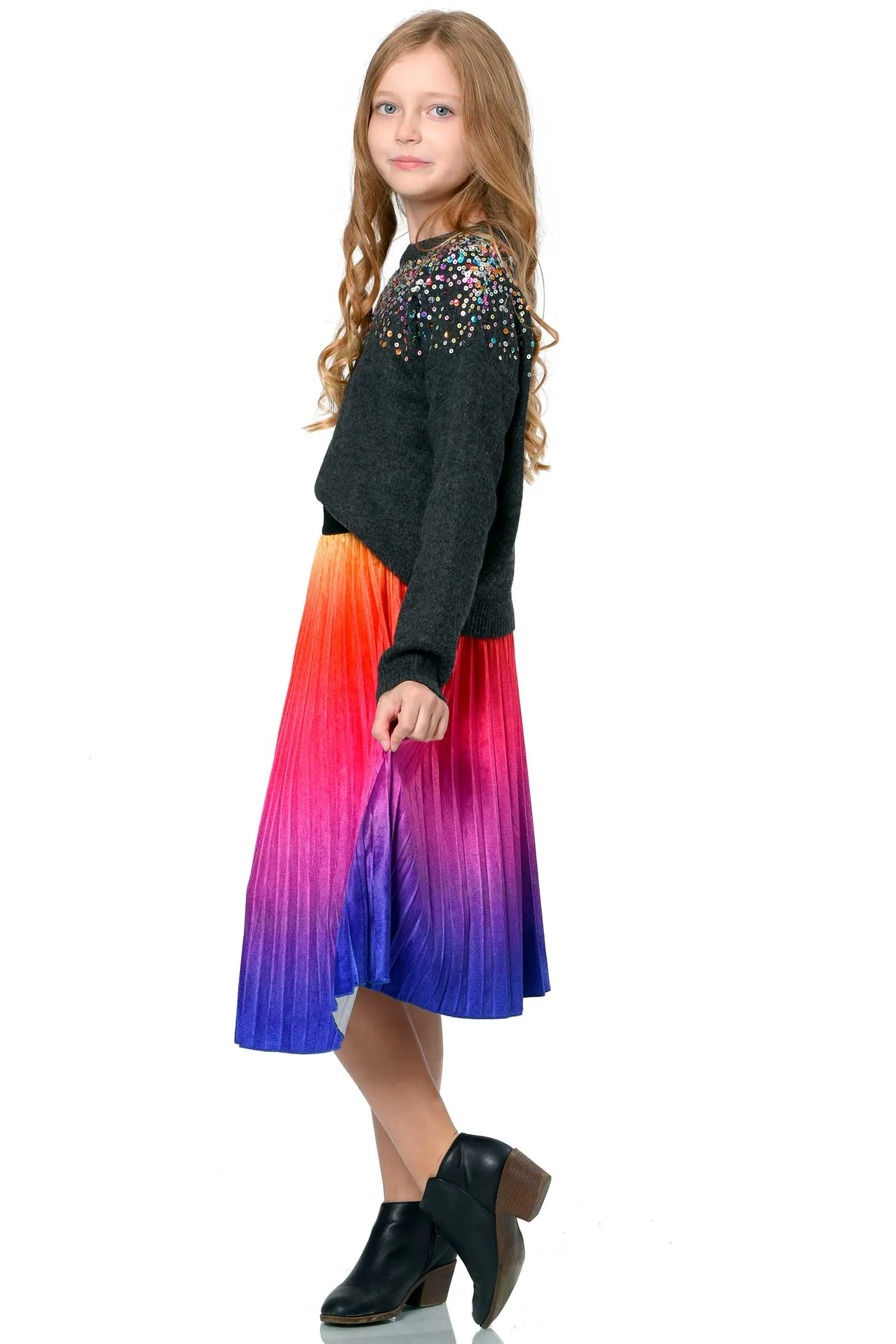 Big Girls Ombre Pleated Midi Velvet Skirt