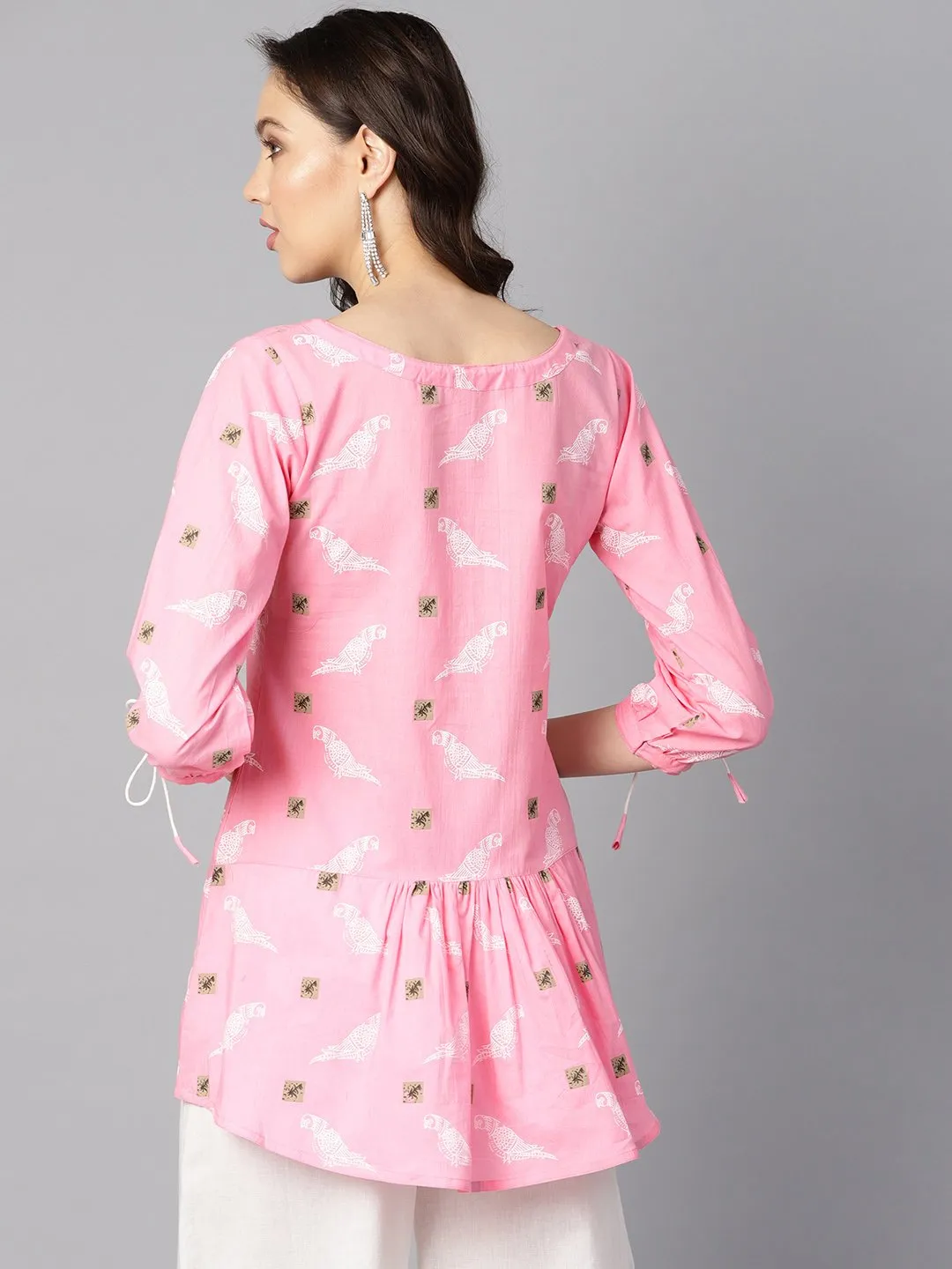 Bird Print White Khadi Light Pink Tunic With Dori Detailing