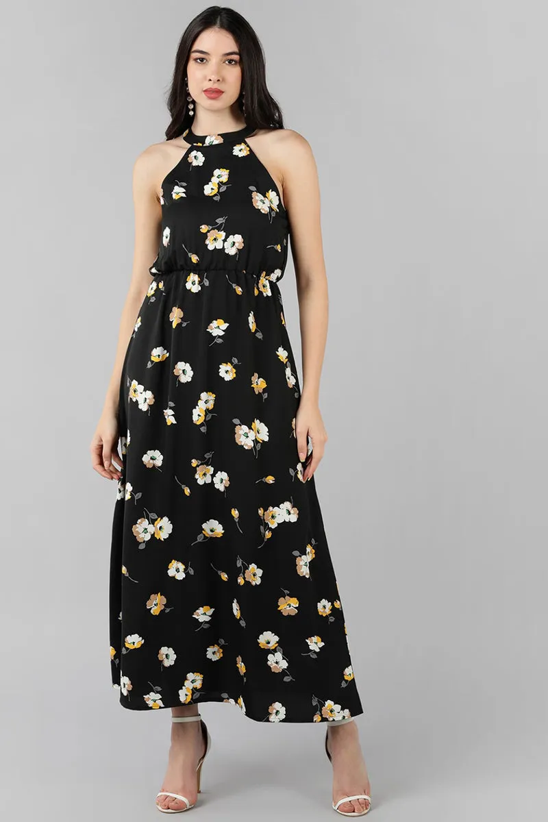 Black Georgette Floral Printed Maxi Dress