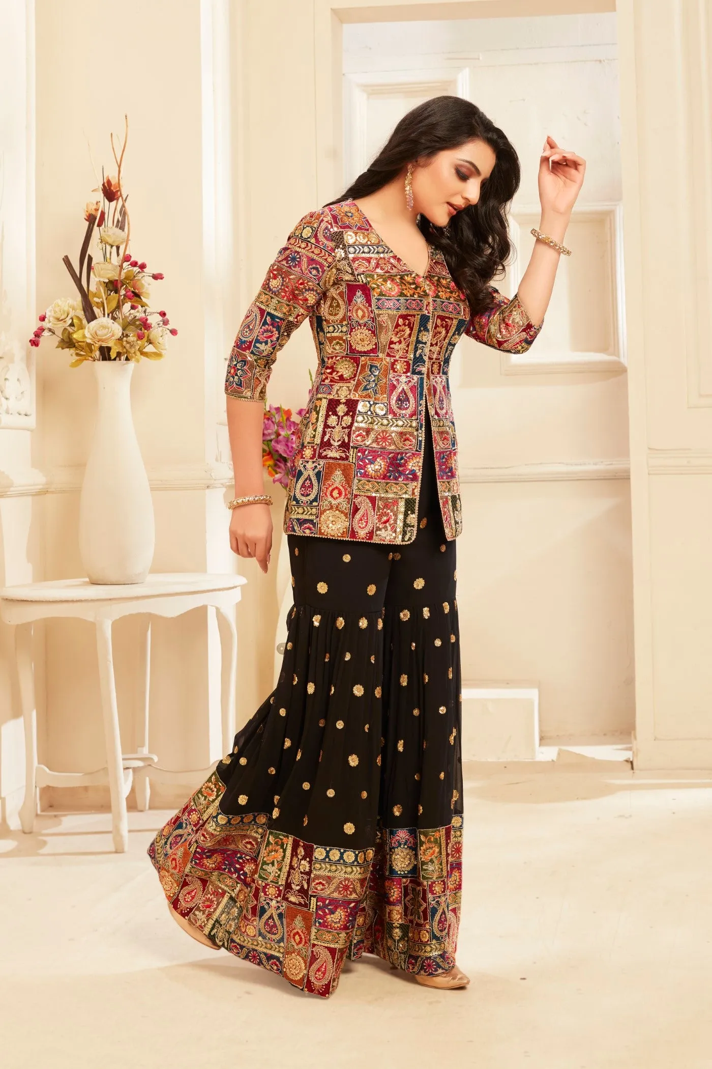 Black Heavy Embroidered Brocade Silk Sharara Set