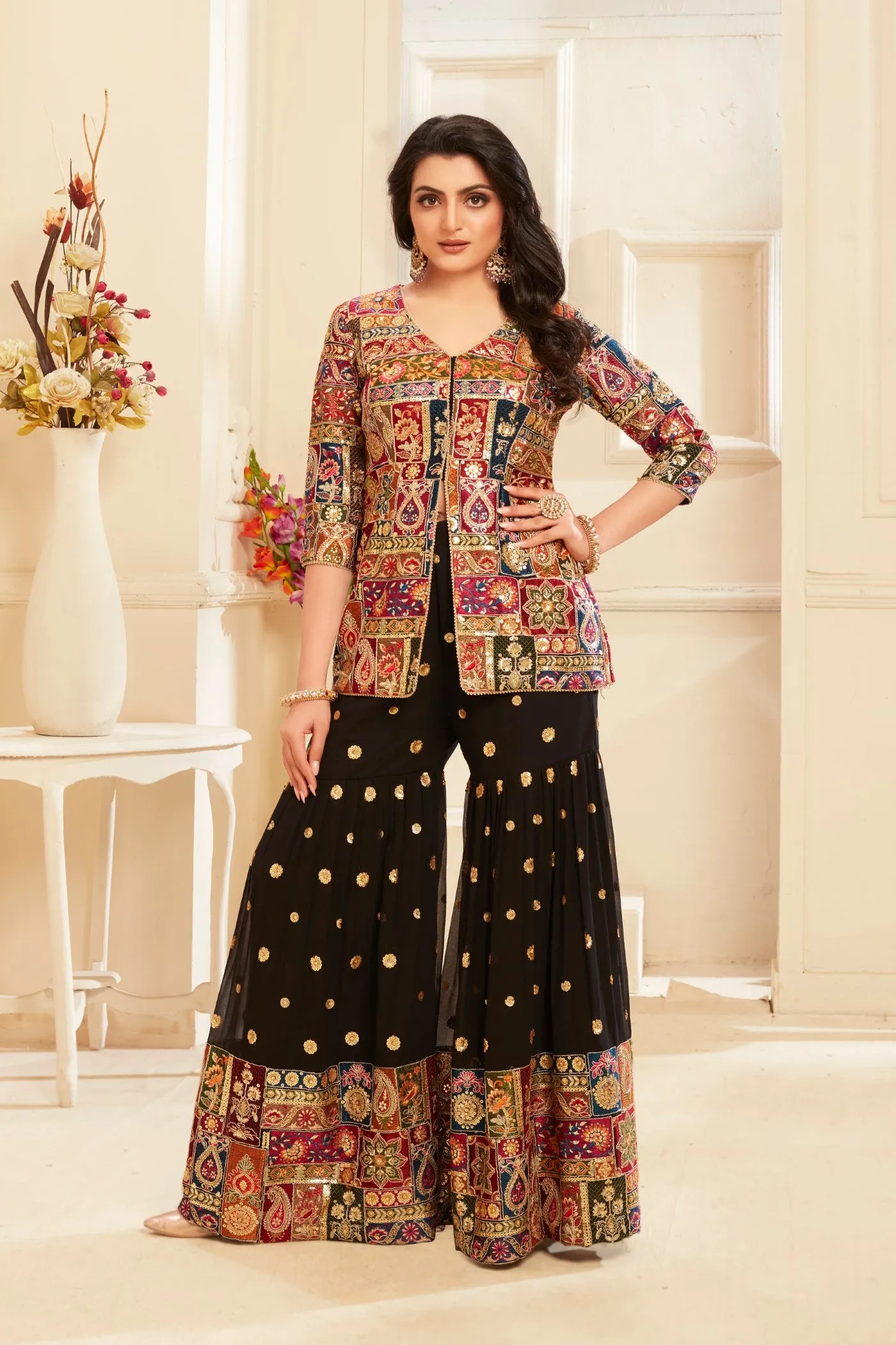 Black Heavy Embroidered Brocade Silk Sharara Set