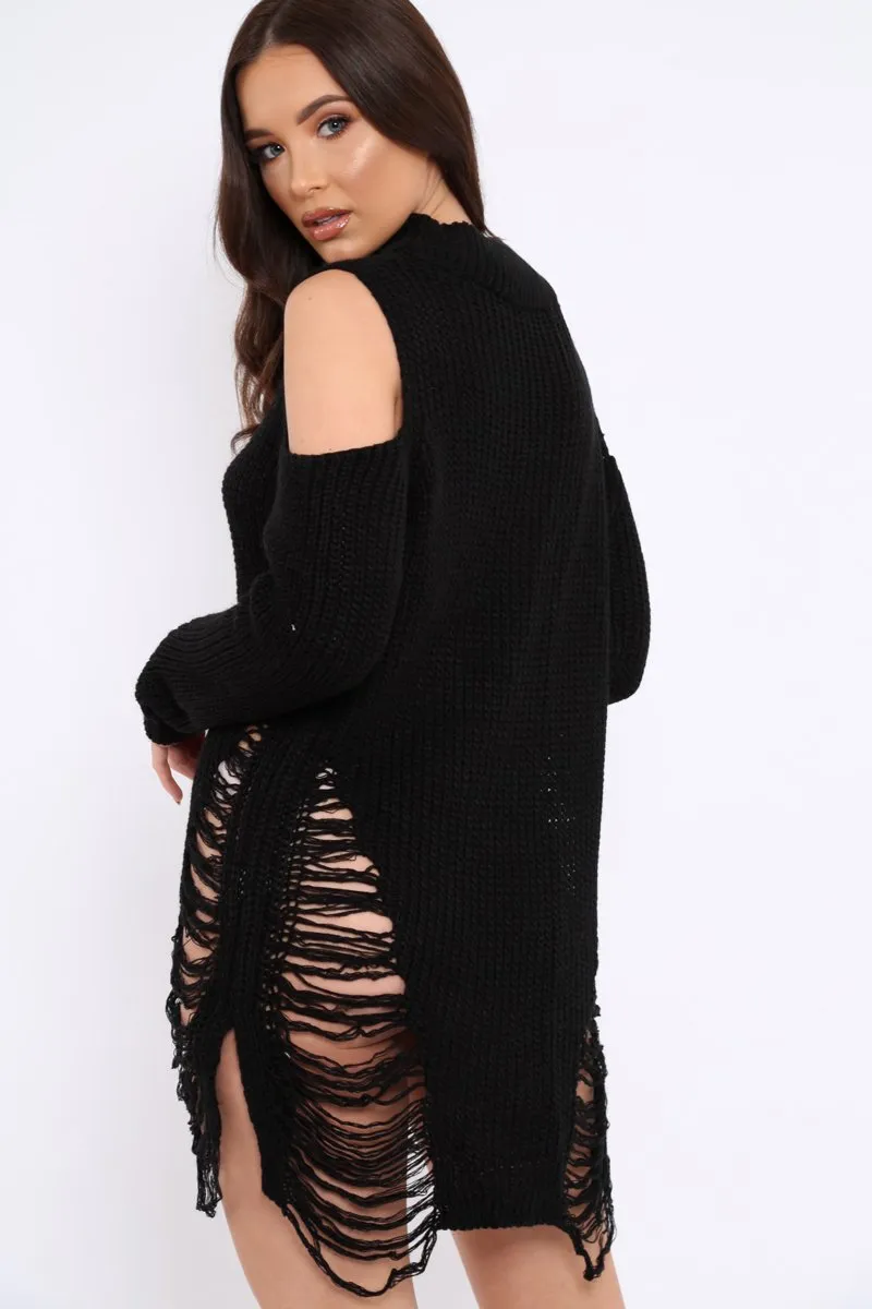 Black Knitted Cut Out Front Cold Shoulder Distressed Jumper Dress - Jamie