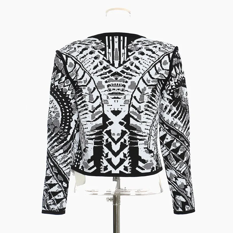 Black White Patchwork Coat For Women V Neck Long Sleeve Hit Color Printed Short Cardigans Female Fall Fashion