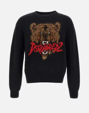 Black Wool Tiger Crewneck Sweater