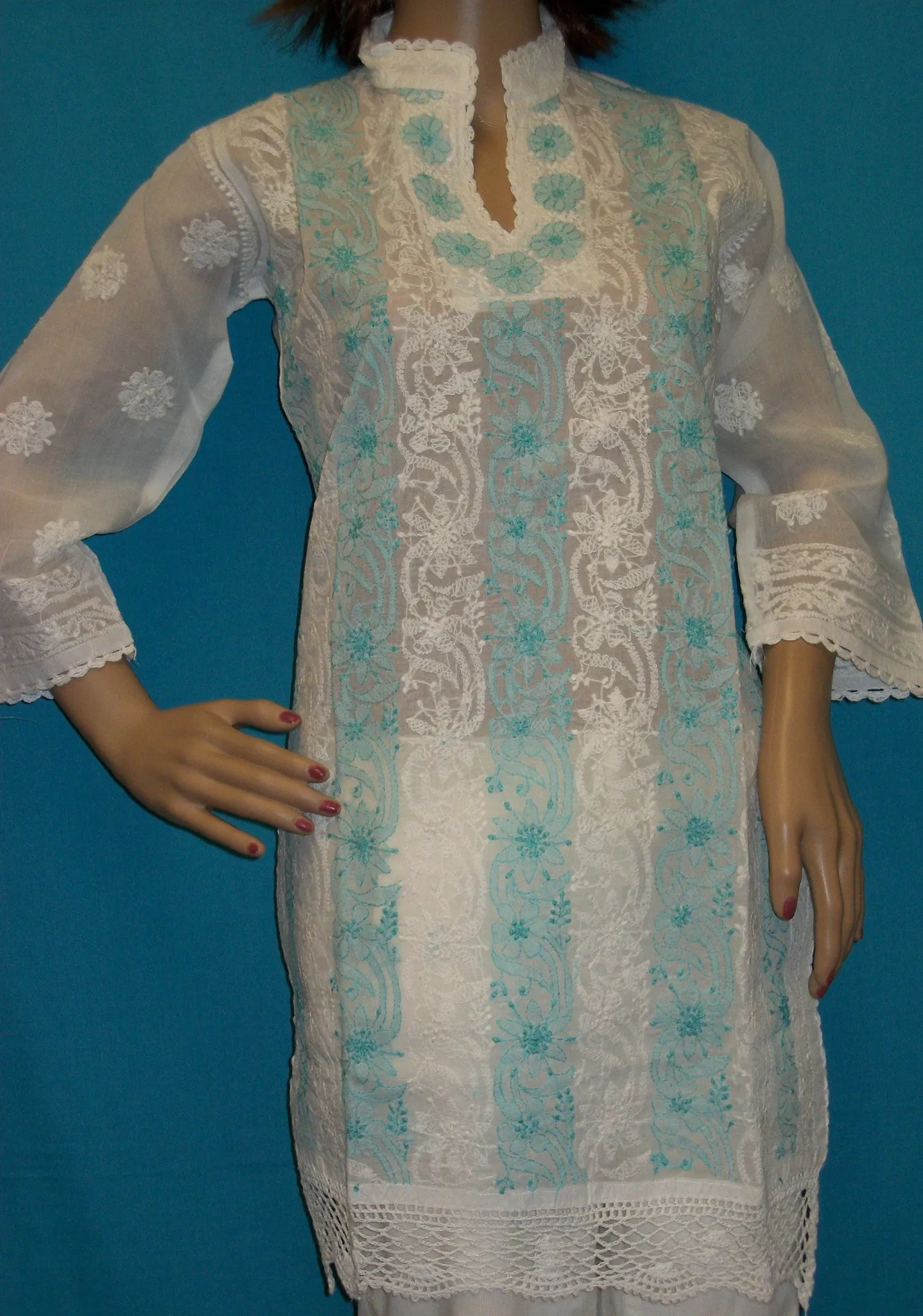 Blouse 478 White Cotton Embroidered Tunic Top Kurti Medium M Size