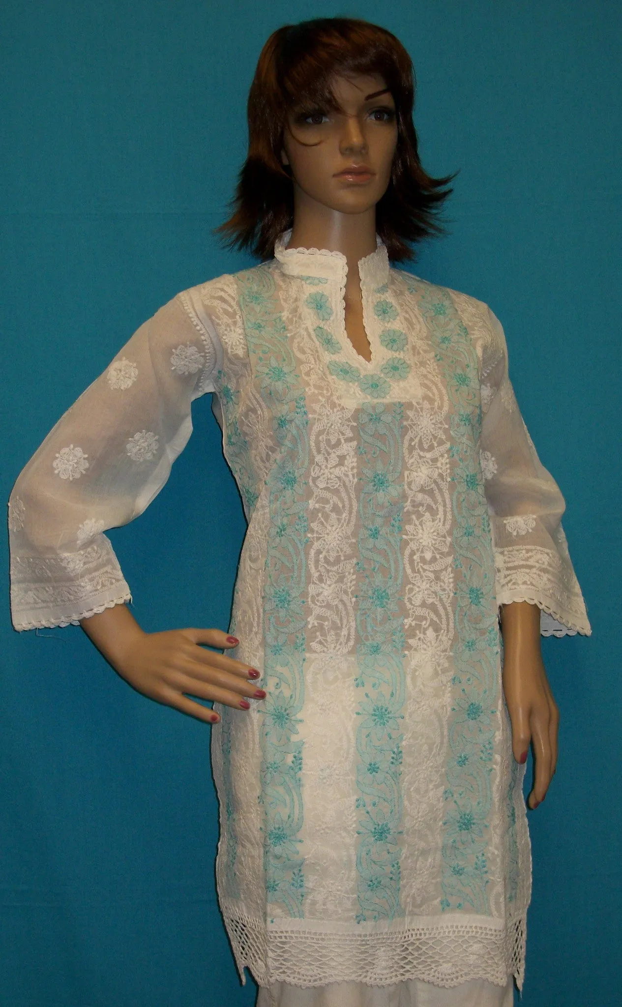 Blouse 478 White Cotton Embroidered Tunic Top Kurti Medium M Size