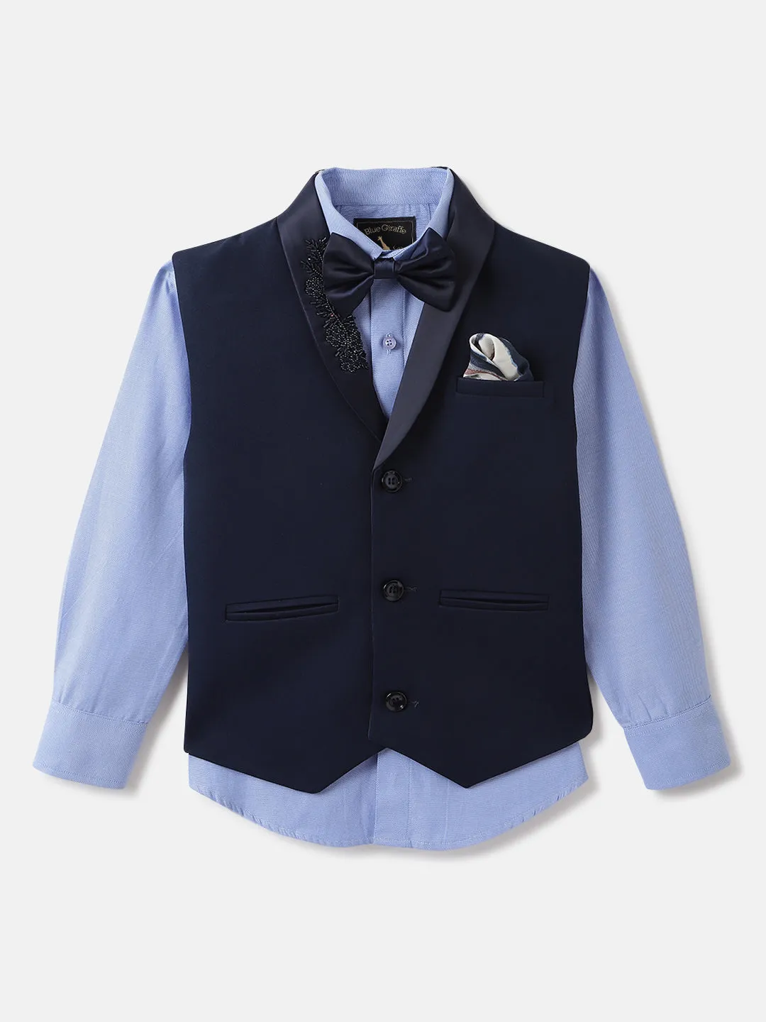 Blue Giraffe Boys Blue Solid Waistcoat: Shawl Collar, Shirt- Spread Collar Waistcoat: Sleeveless, Shirt- Full Sleeves Waistcoat Set