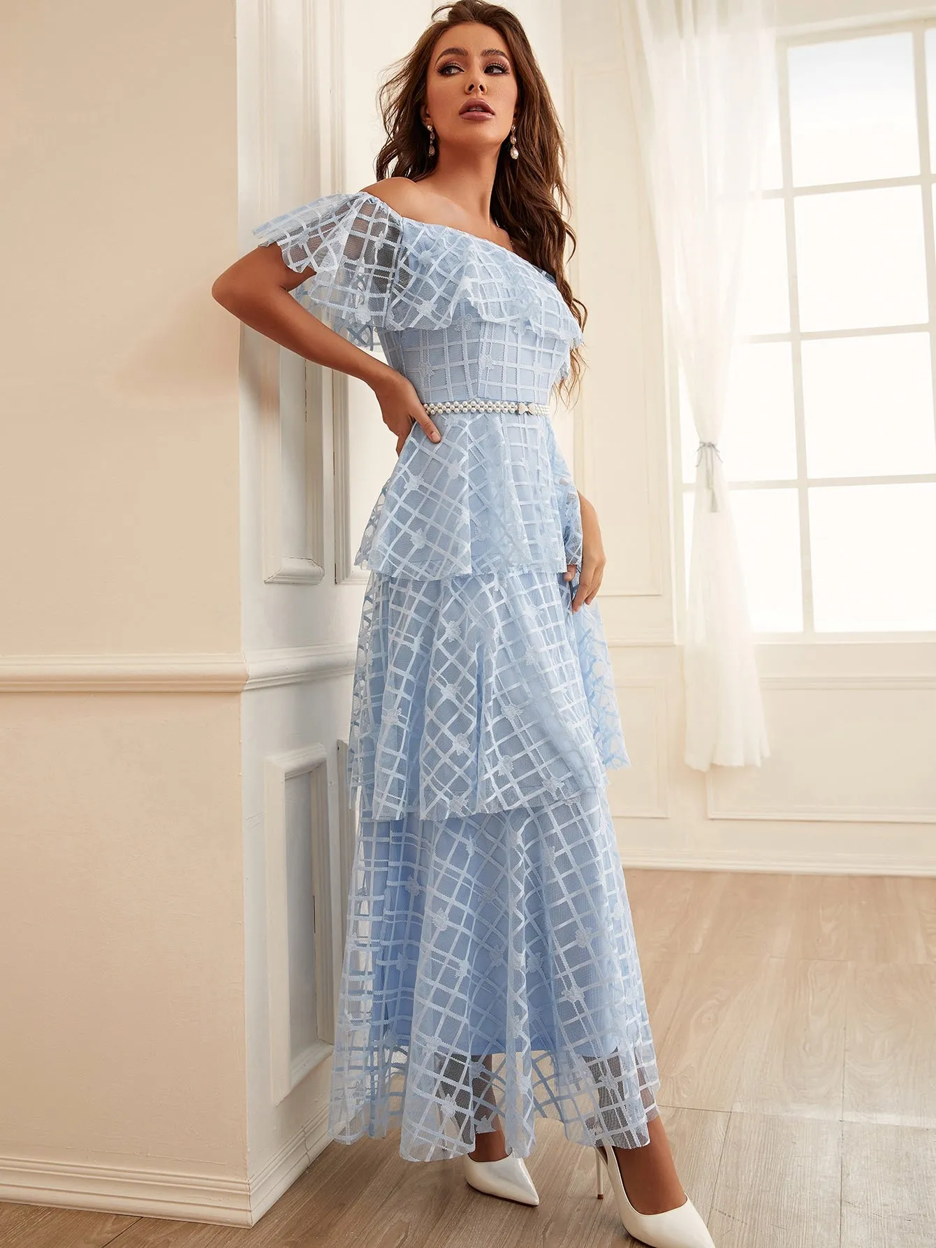 Blue Off Shoulder Ruffle Trim Layered Hem Plaid Lace Bridesmaid Dress