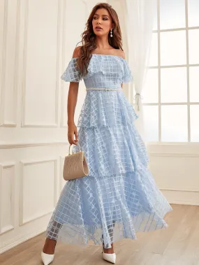 Blue Off Shoulder Ruffle Trim Layered Hem Plaid Lace Bridesmaid Dress