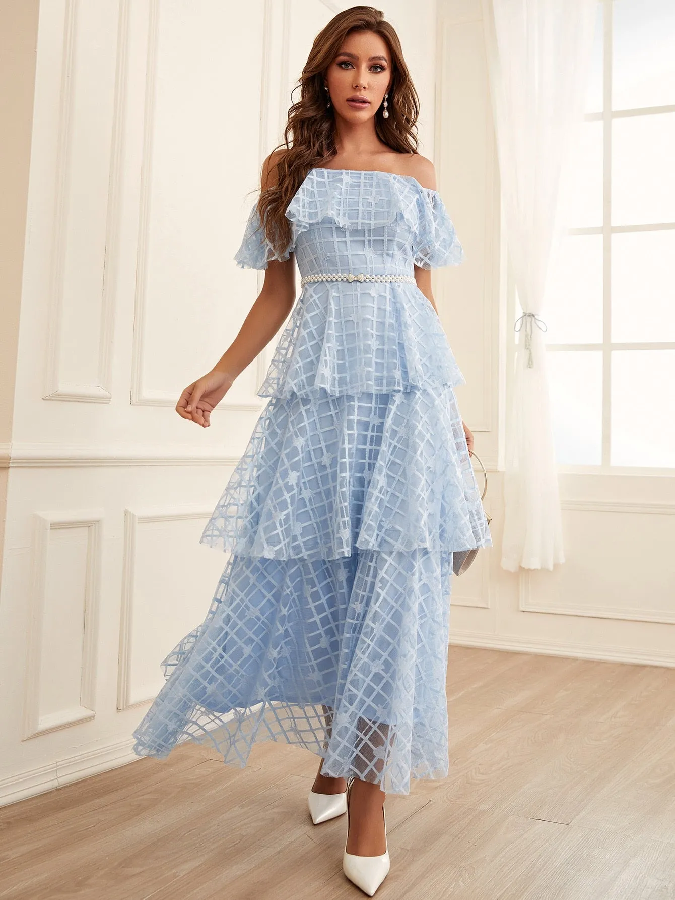 Blue Off Shoulder Ruffle Trim Layered Hem Plaid Lace Bridesmaid Dress