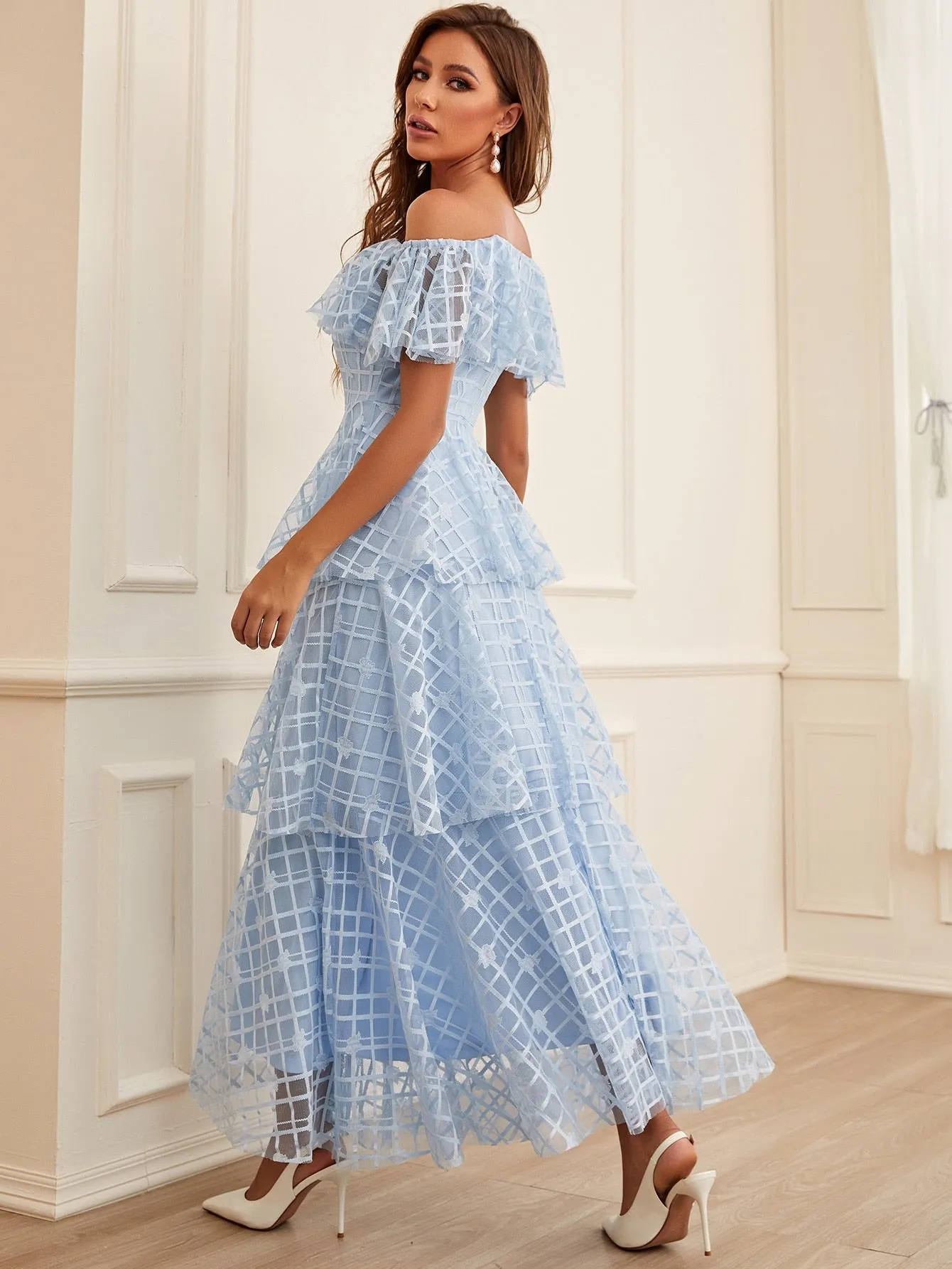 Blue Off Shoulder Ruffle Trim Layered Hem Plaid Lace Bridesmaid Dress