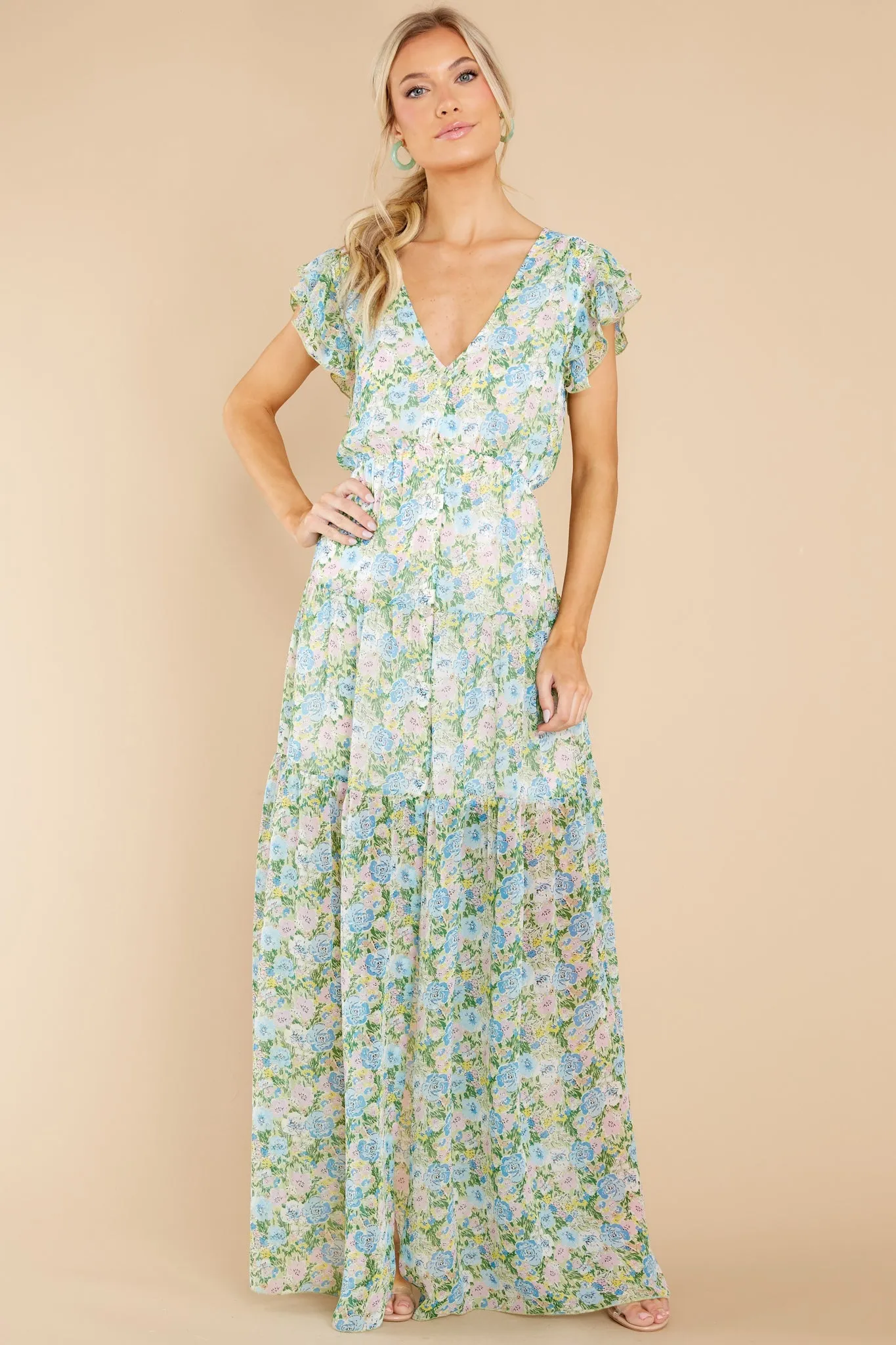 Bouquet Of Happy Green Floral Print Maxi Dress