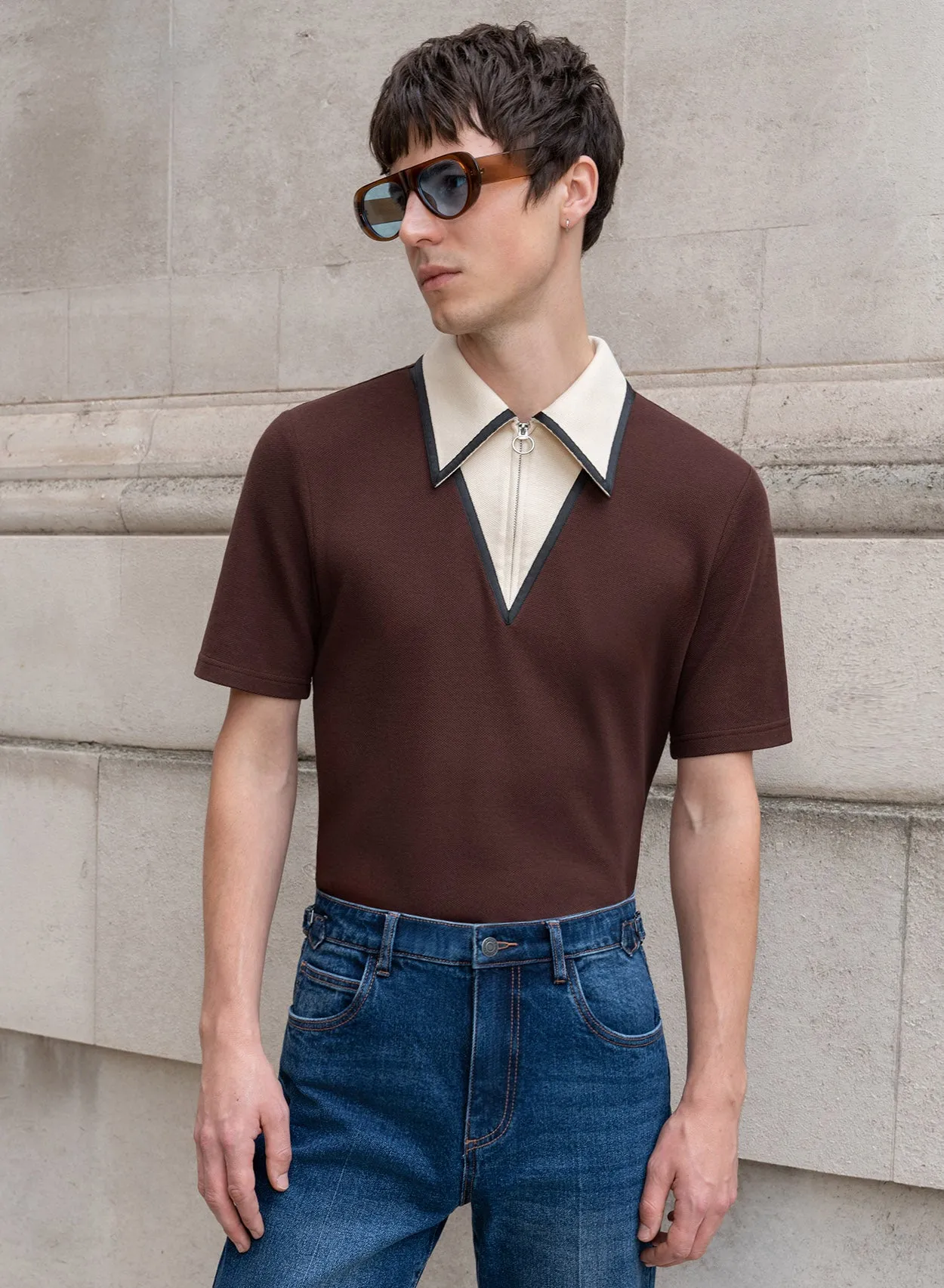 Brown Carnaby Circle Zip Cotton Polo Shirt