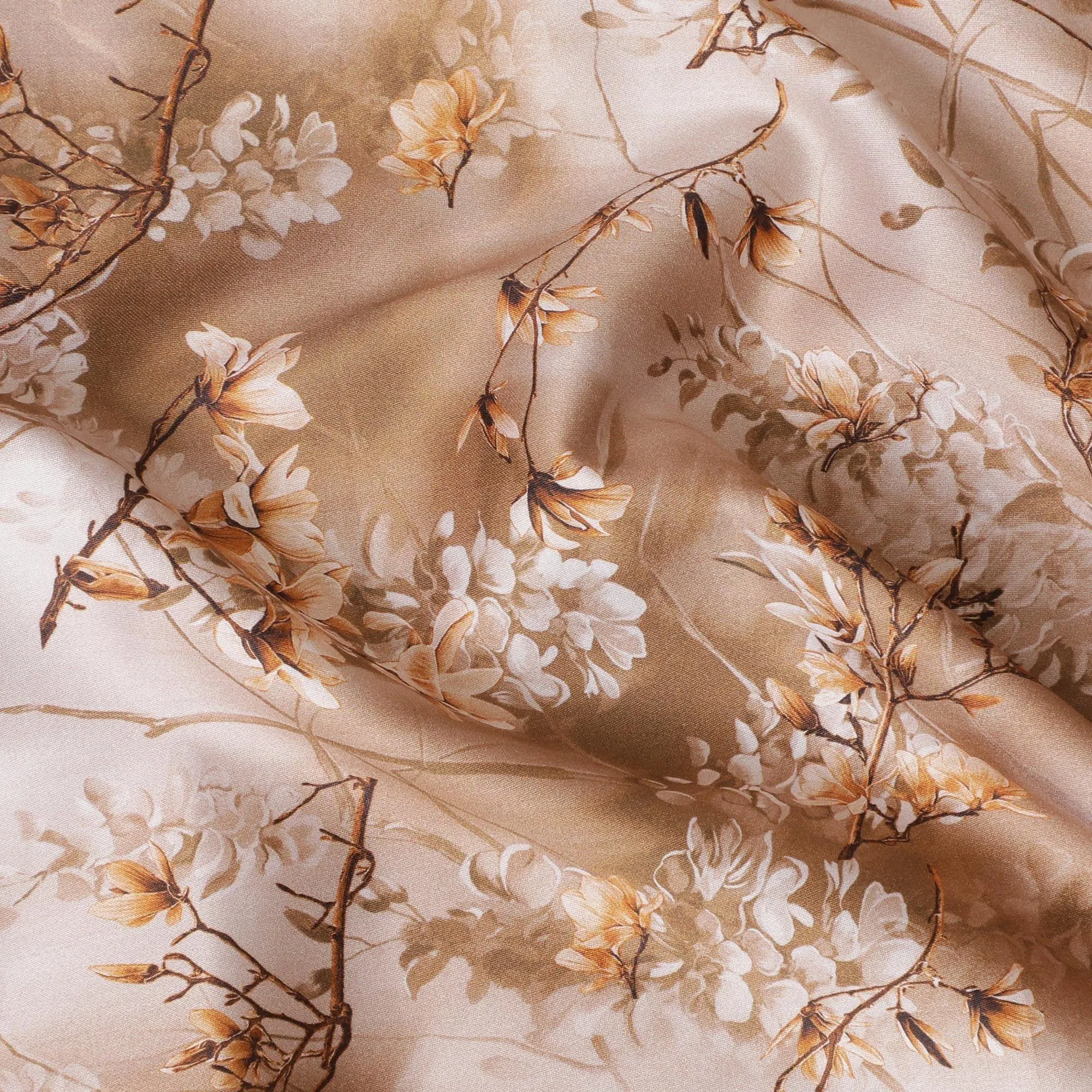 Brown cotton satin fabric with multicolor print in floral design-D15259