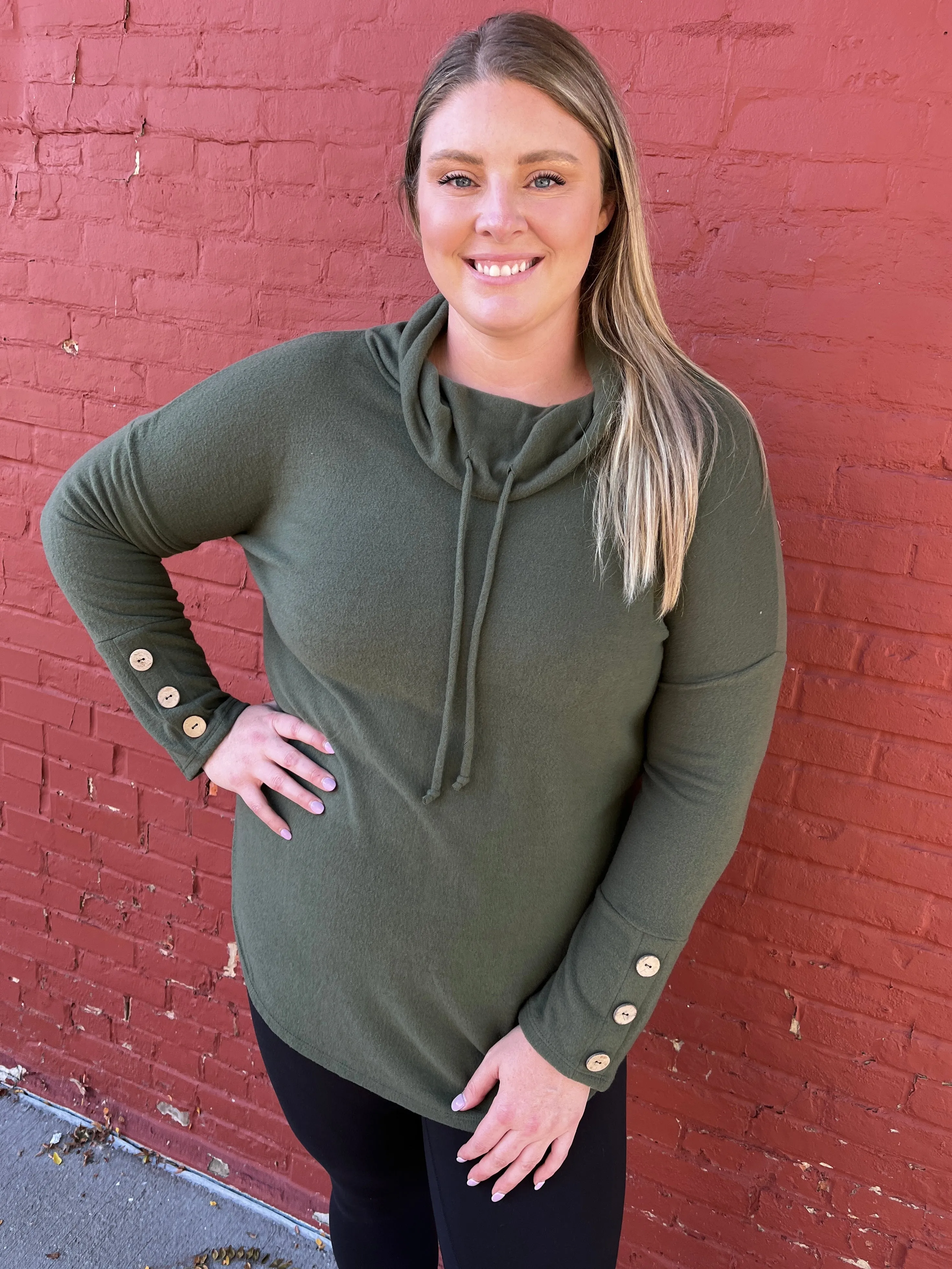 Button Sleeve Cowl Neck Top