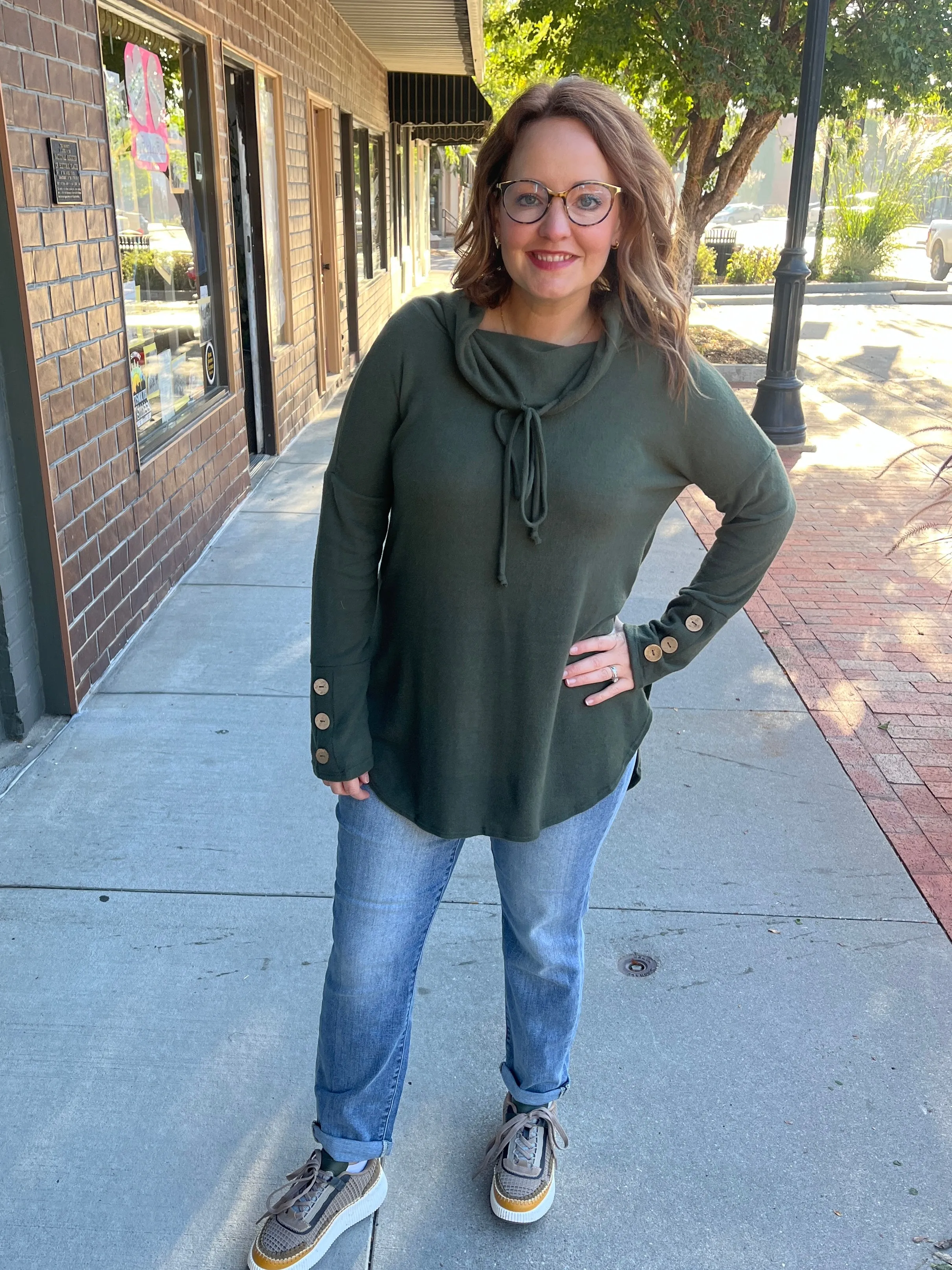 Button Sleeve Cowl Neck Top