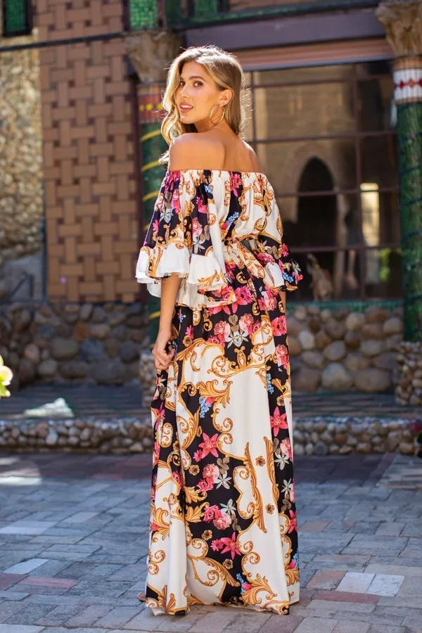 Camila Multi Color Off Shoulder Bell Sleeve Maxi Print Dress