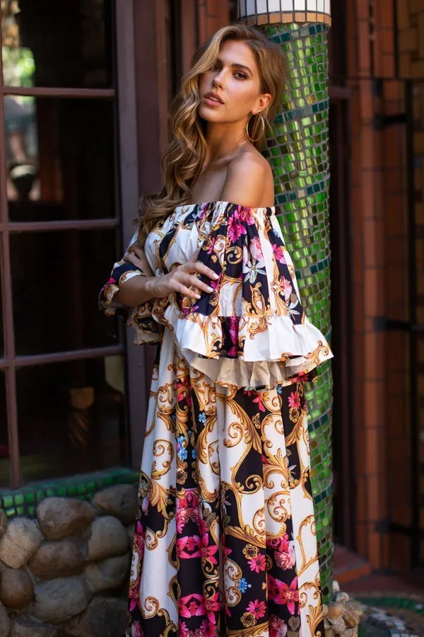 Camila Multi Color Off Shoulder Bell Sleeve Maxi Print Dress