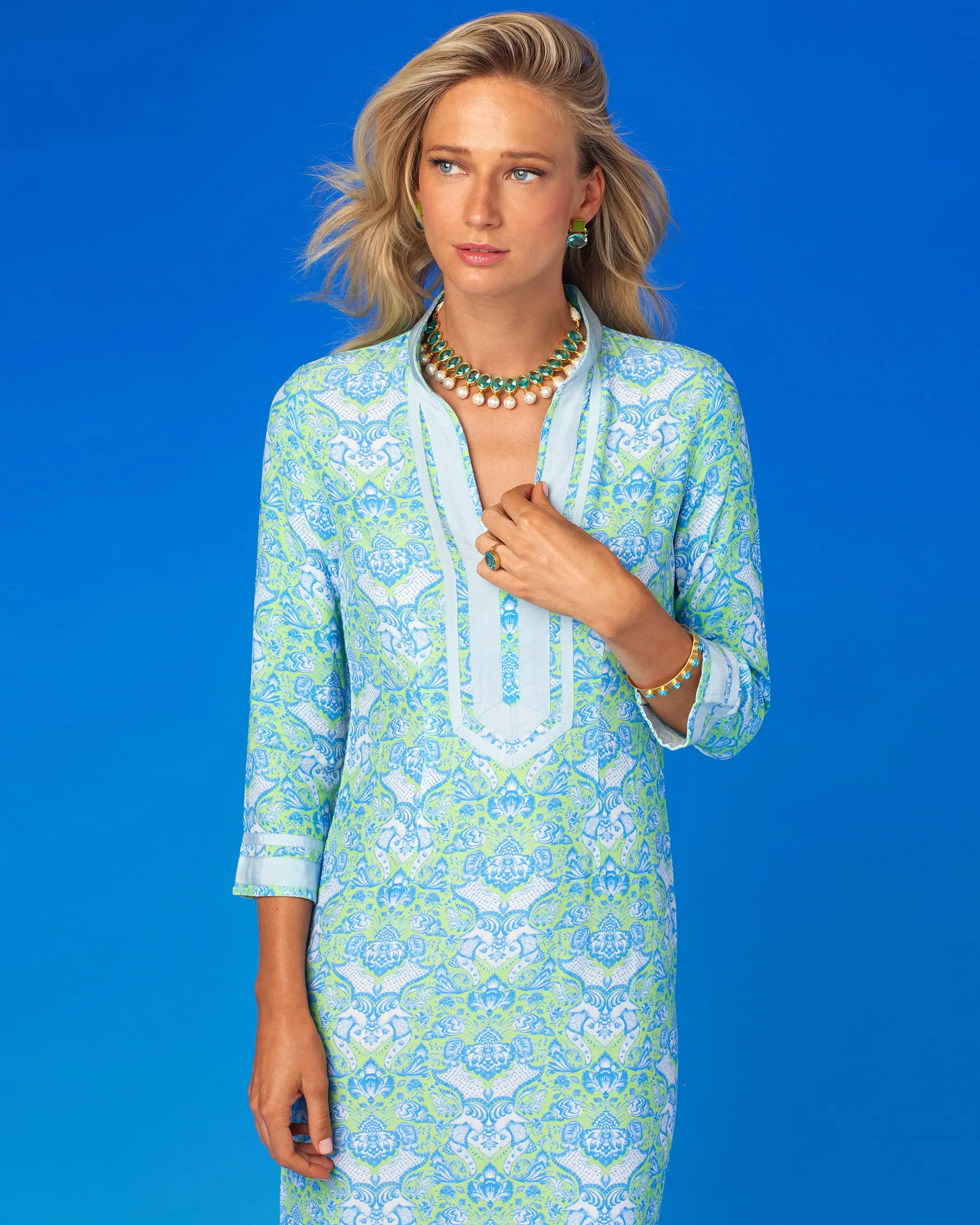 Capri Long Tunic Dress in Shalimar Turquoise on Mint Julep