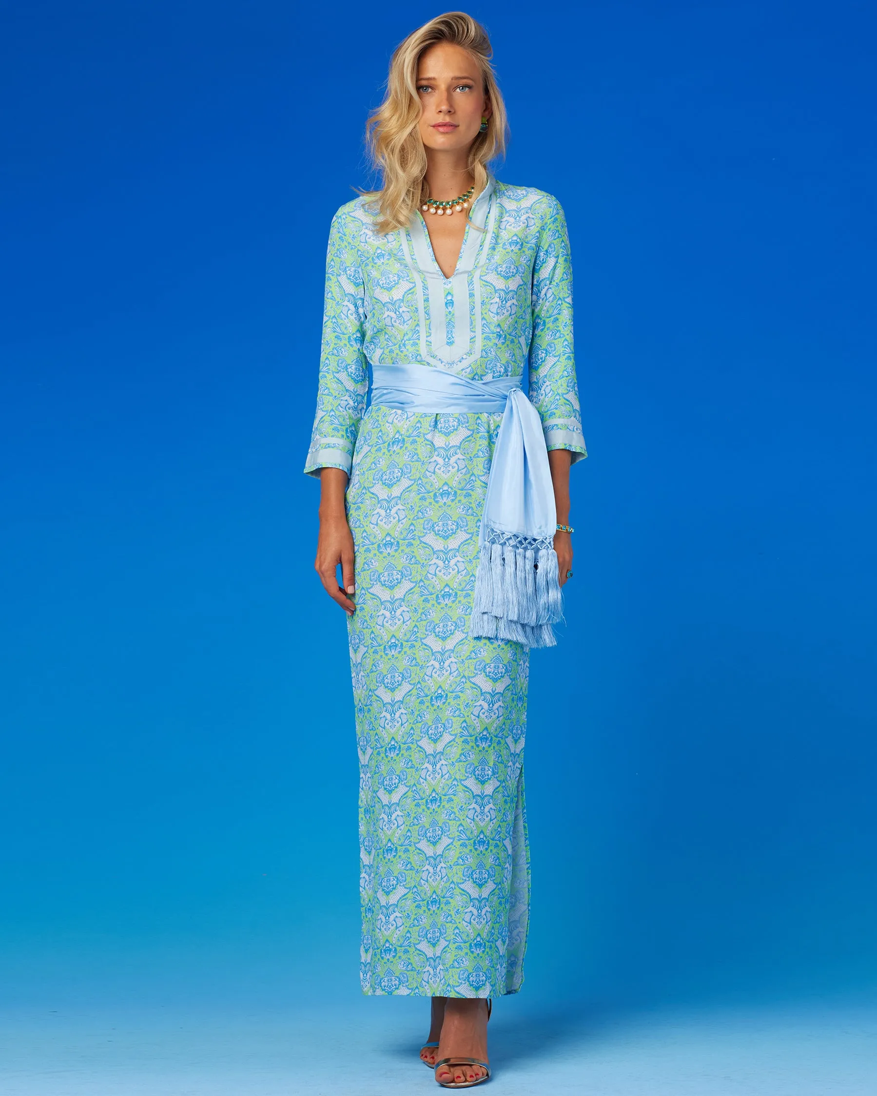 Capri Long Tunic Dress in Shalimar Turquoise on Mint Julep