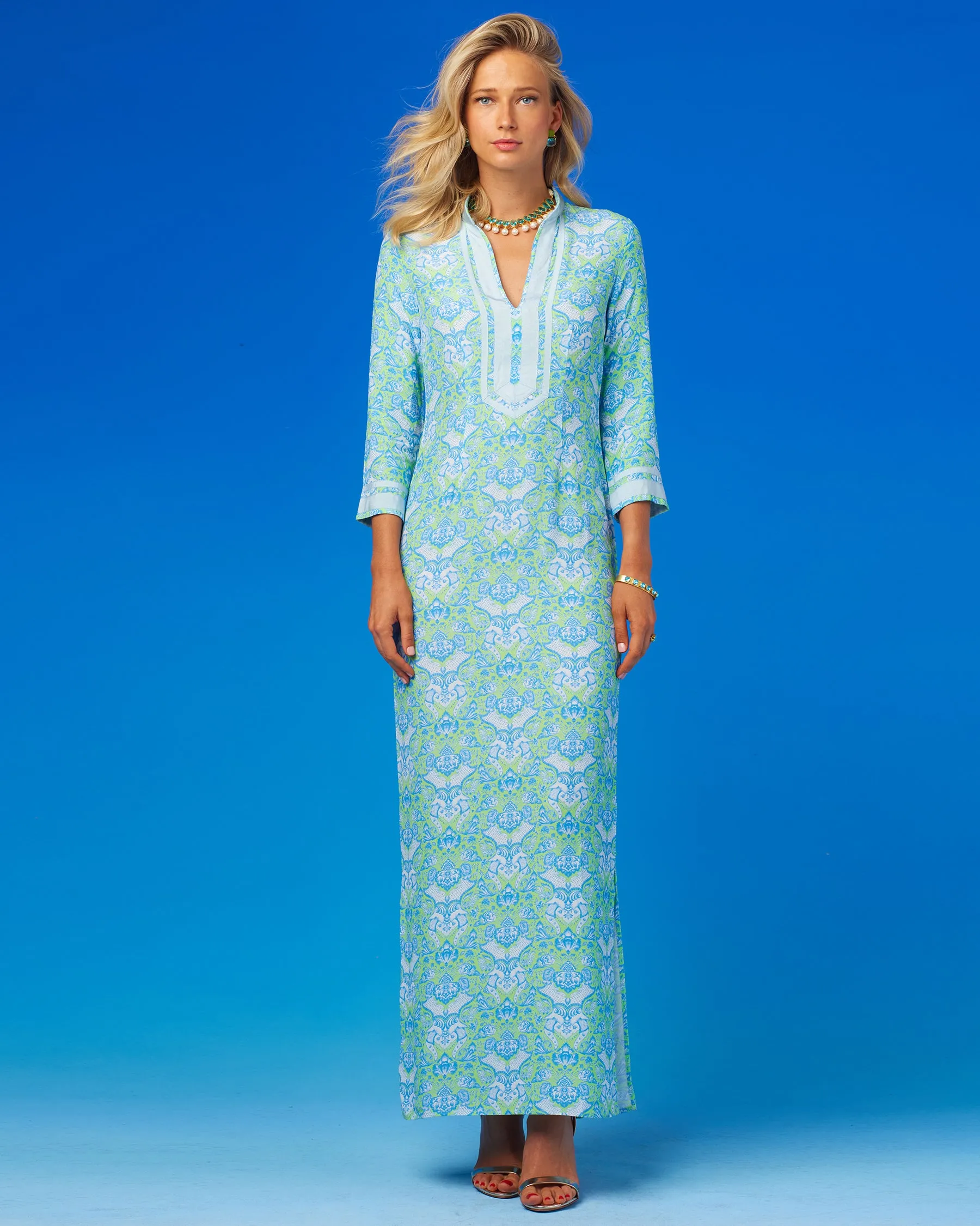 Capri Long Tunic Dress in Shalimar Turquoise on Mint Julep