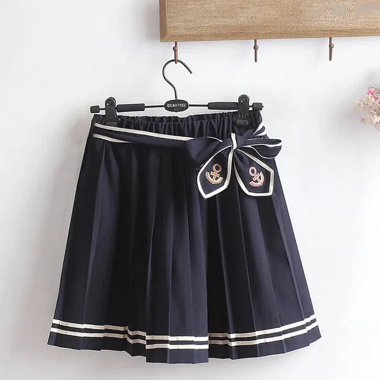 Cartoon Cat Fish Letter Print Striped T-Shirt Pleated Skirt