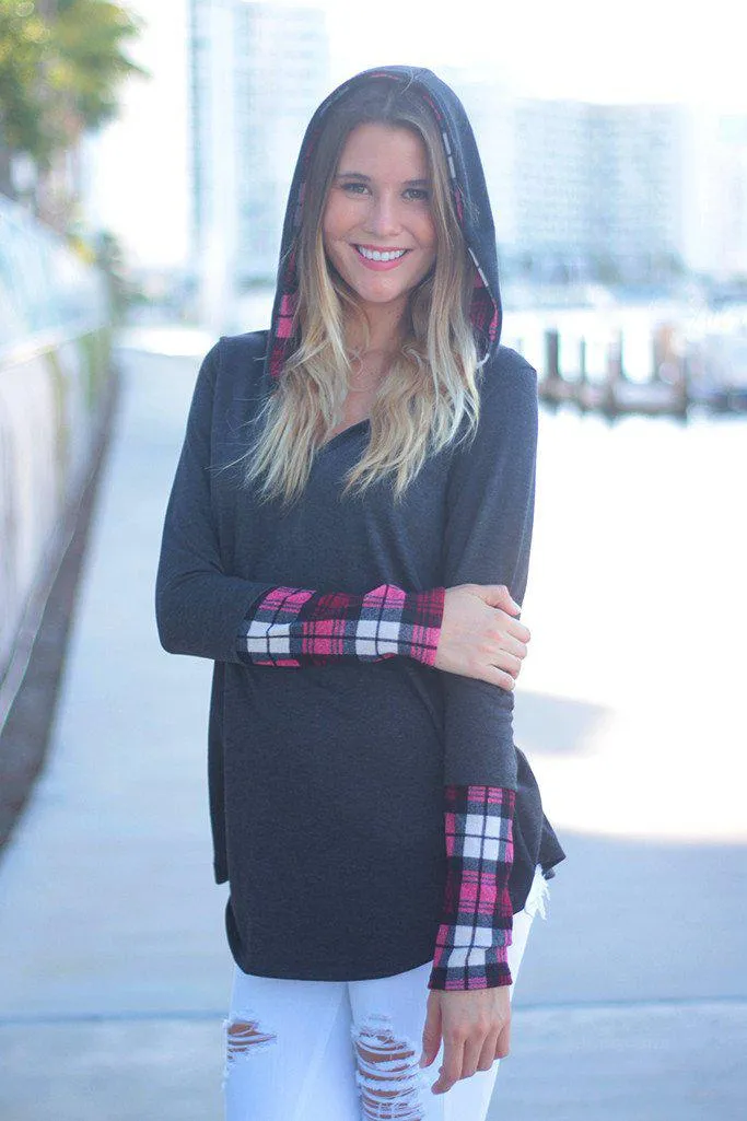 Charcoal and Plaid Printed Hooded Tunic