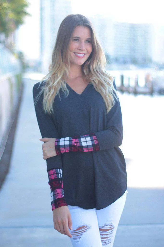 Charcoal and Plaid Printed Hooded Tunic