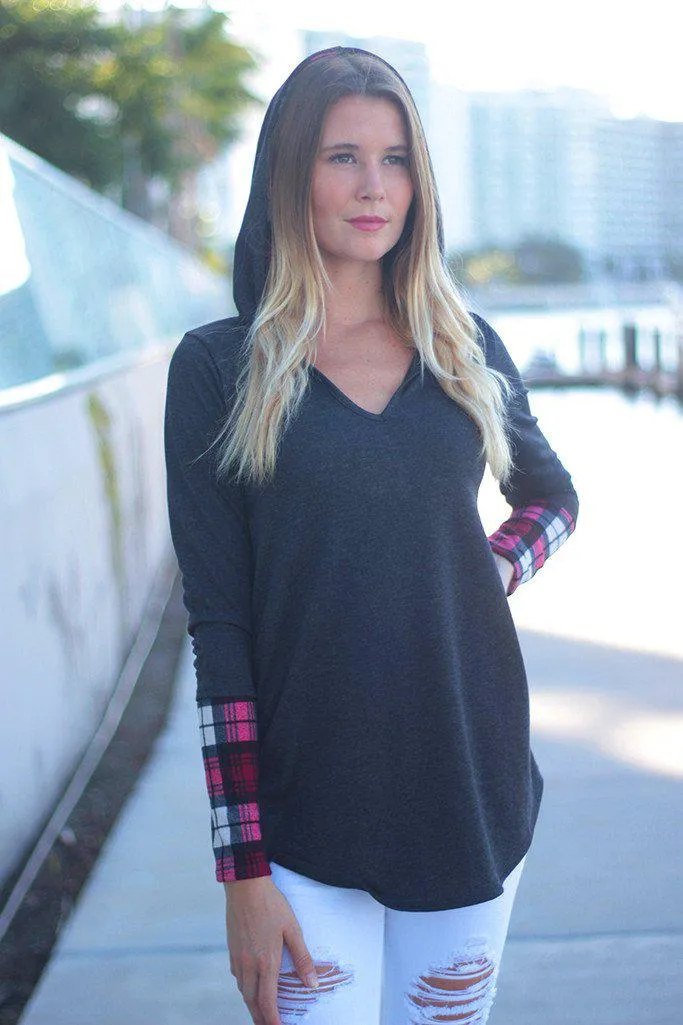 Charcoal and Plaid Printed Hooded Tunic