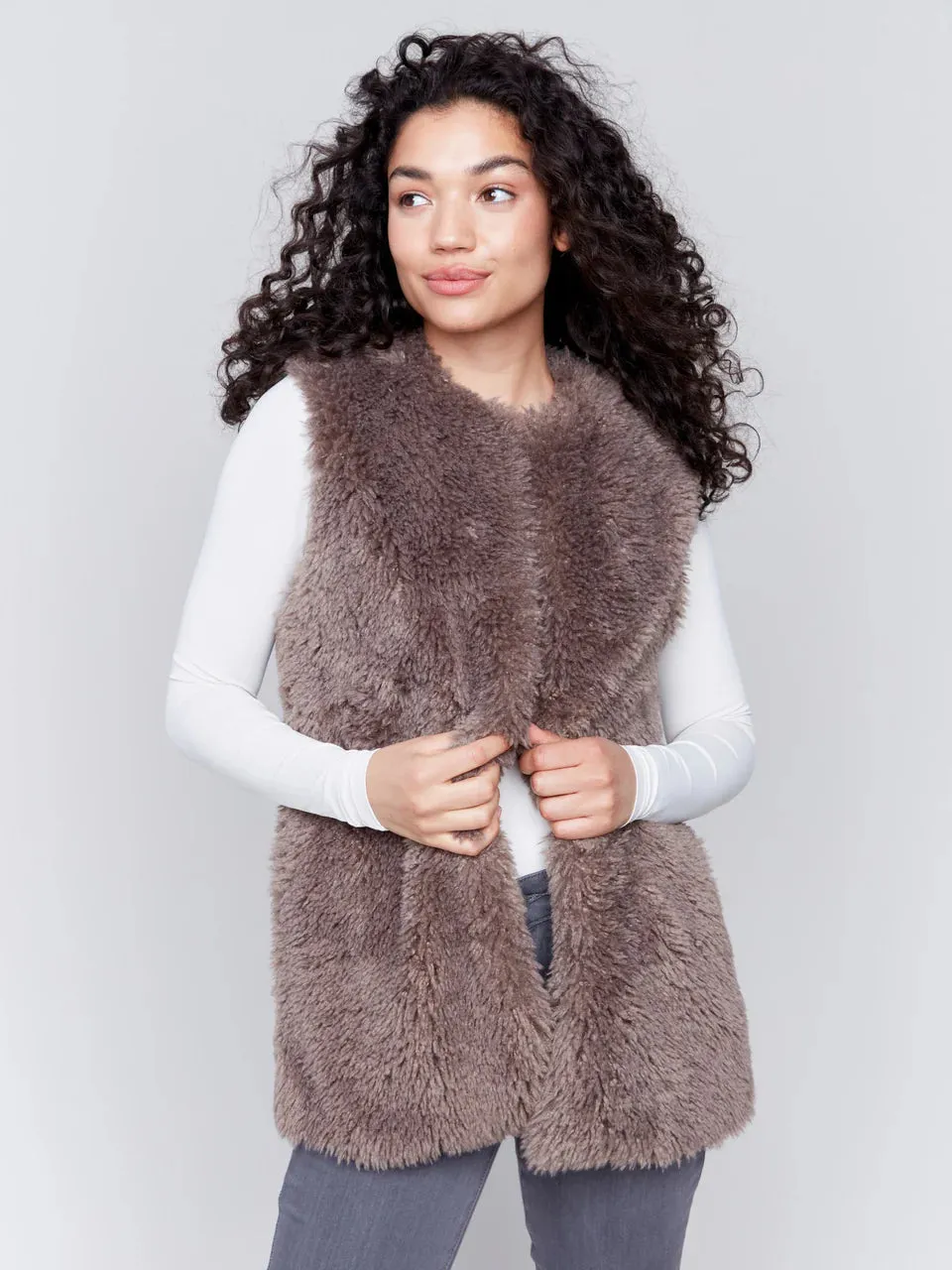 Charlie B Long Faux Vest in Taupe