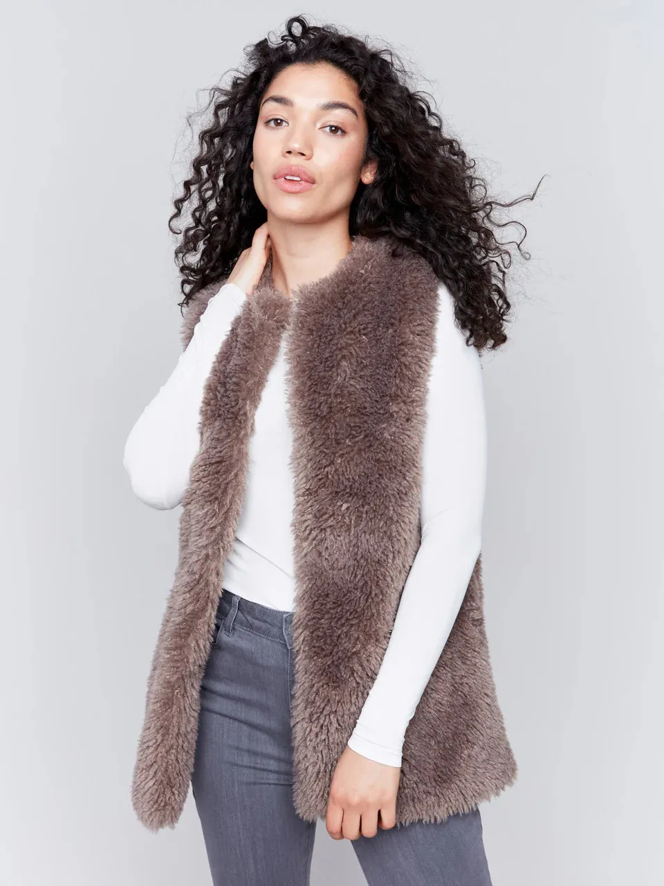 Charlie B Long Faux Vest in Taupe