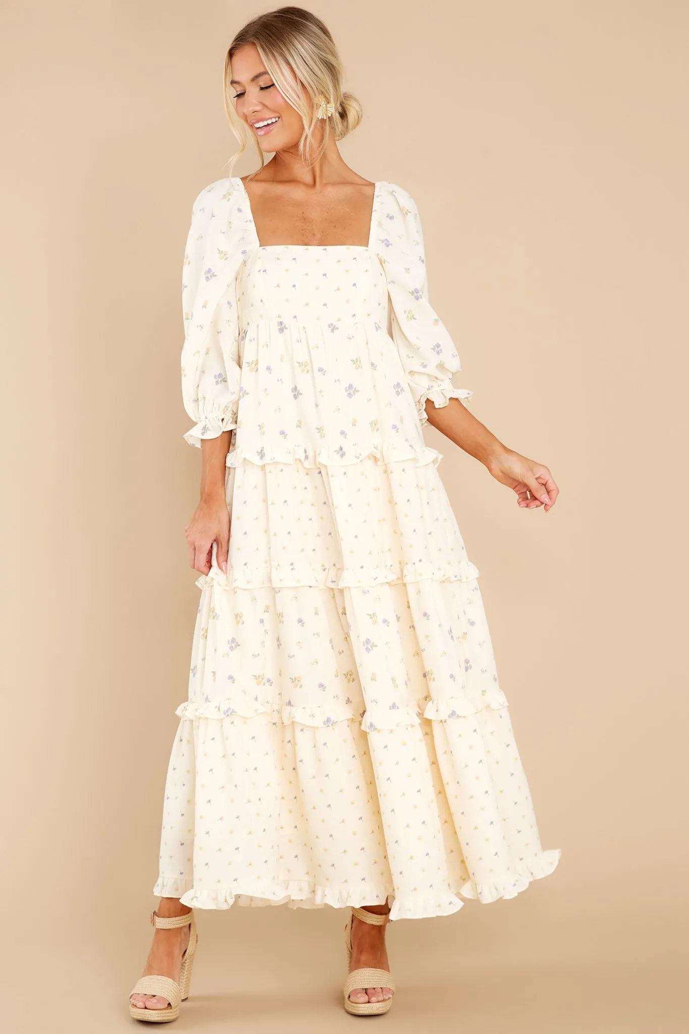 Cheerful Moments Ivory Floral Print Maxi Dress