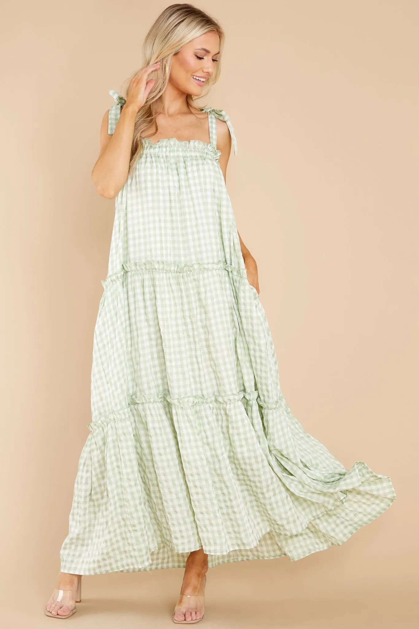 Cherished Memories Green Gingham Maxi Dress