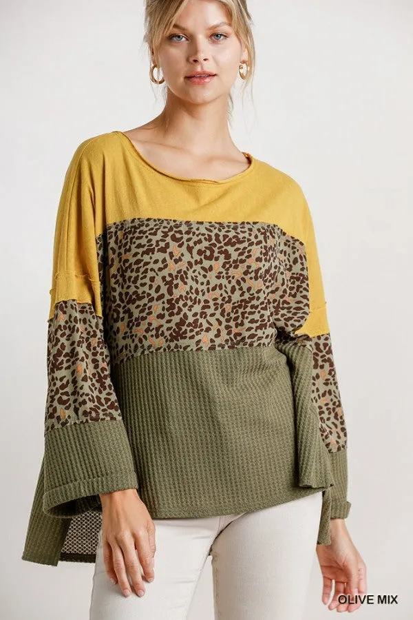 Color Block Waffle Knit Top, Olive