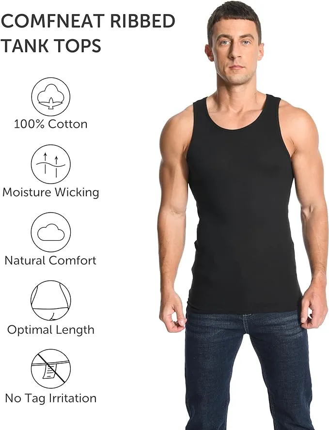 Comfneat Men's 6-Pack Ribbed Tank Tops Cotton Comfy Fit Undershirts