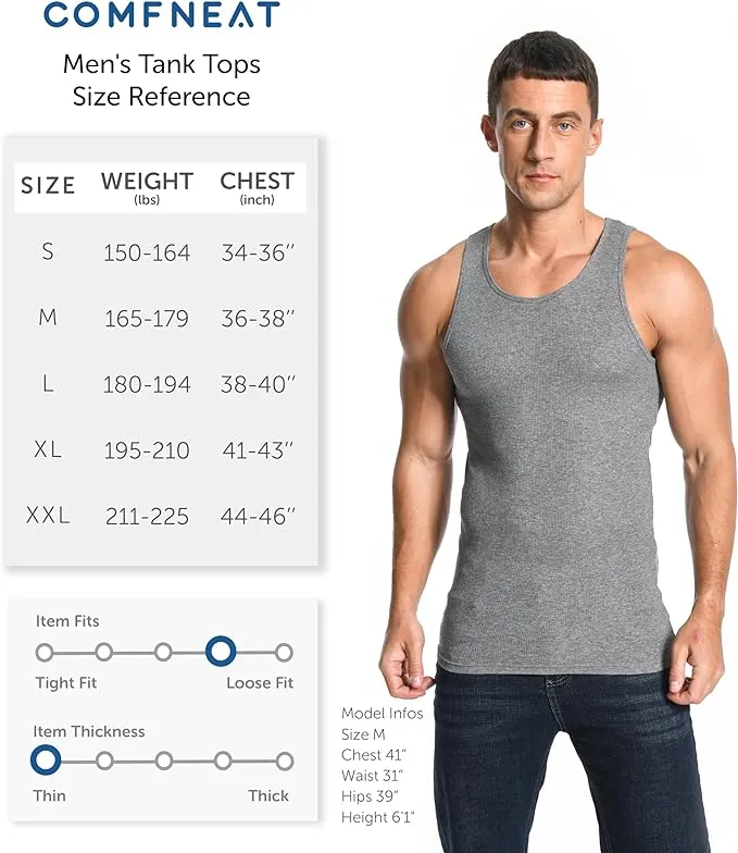 Comfneat Men's 6-Pack Ribbed Tank Tops Cotton Comfy Fit Undershirts