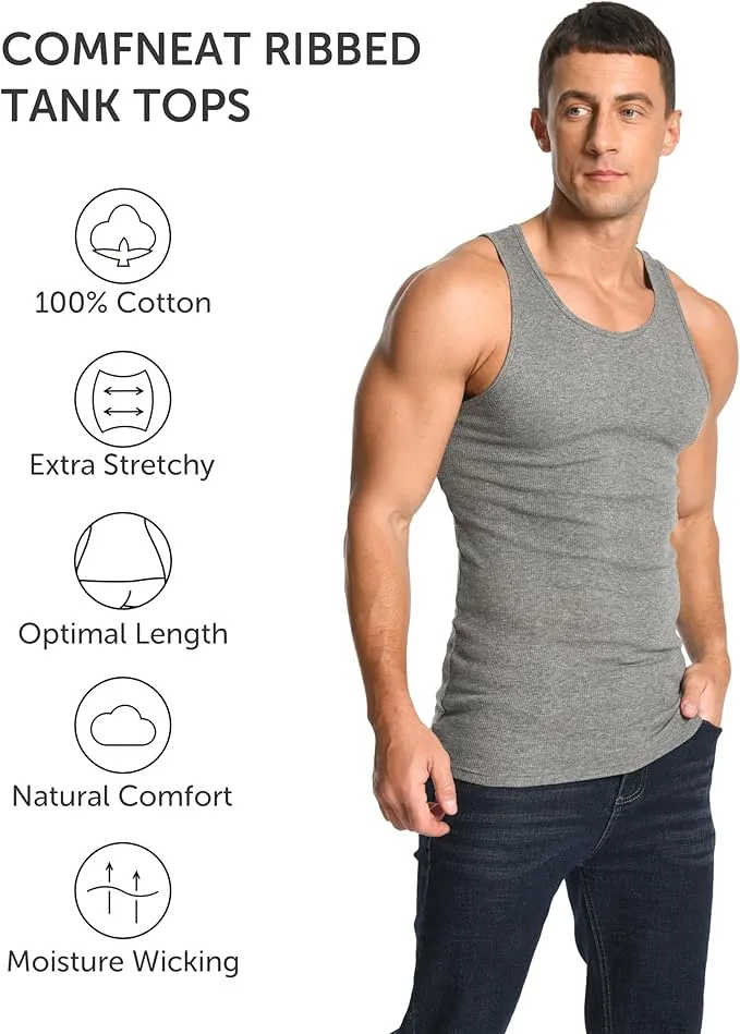 Comfneat Men's 6-Pack Ribbed Tank Tops Cotton Comfy Fit Undershirts