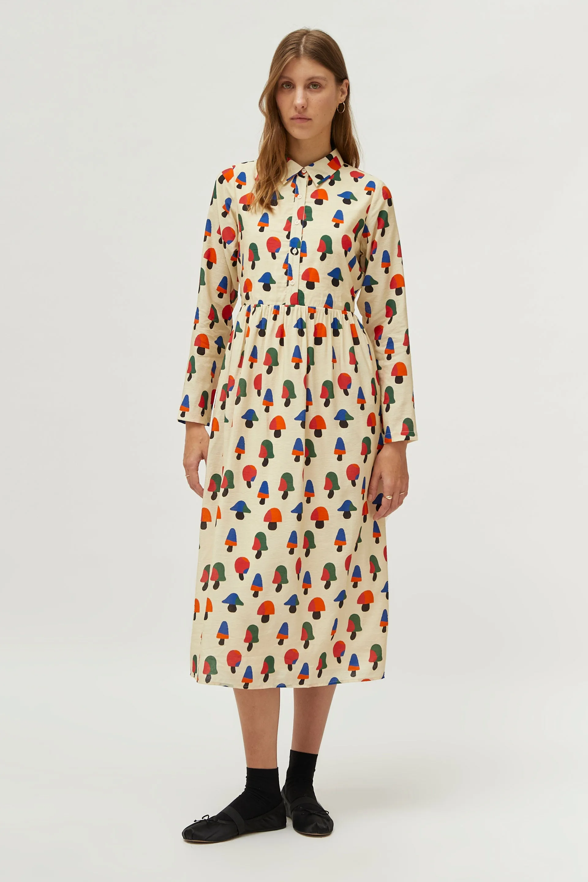 Compañia Fantastica - Cream Mushroom Print Midi Shirt Dress