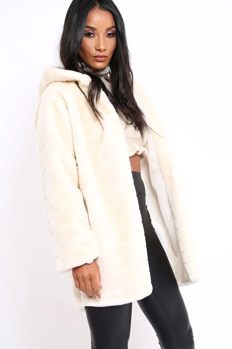 Cream Soft Faux Fur Hooded Coat - Kila