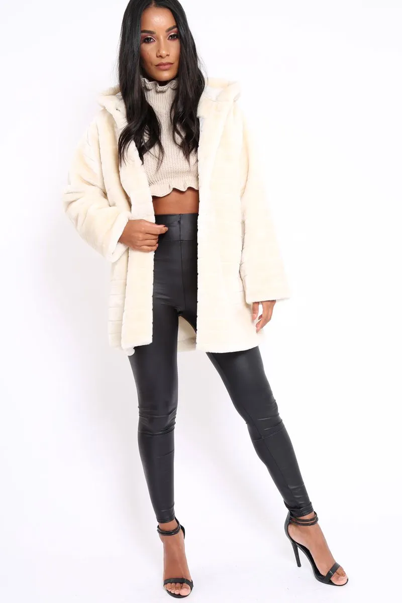 Cream Soft Faux Fur Hooded Coat - Kila