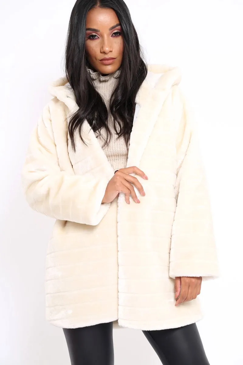 Cream Soft Faux Fur Hooded Coat - Kila